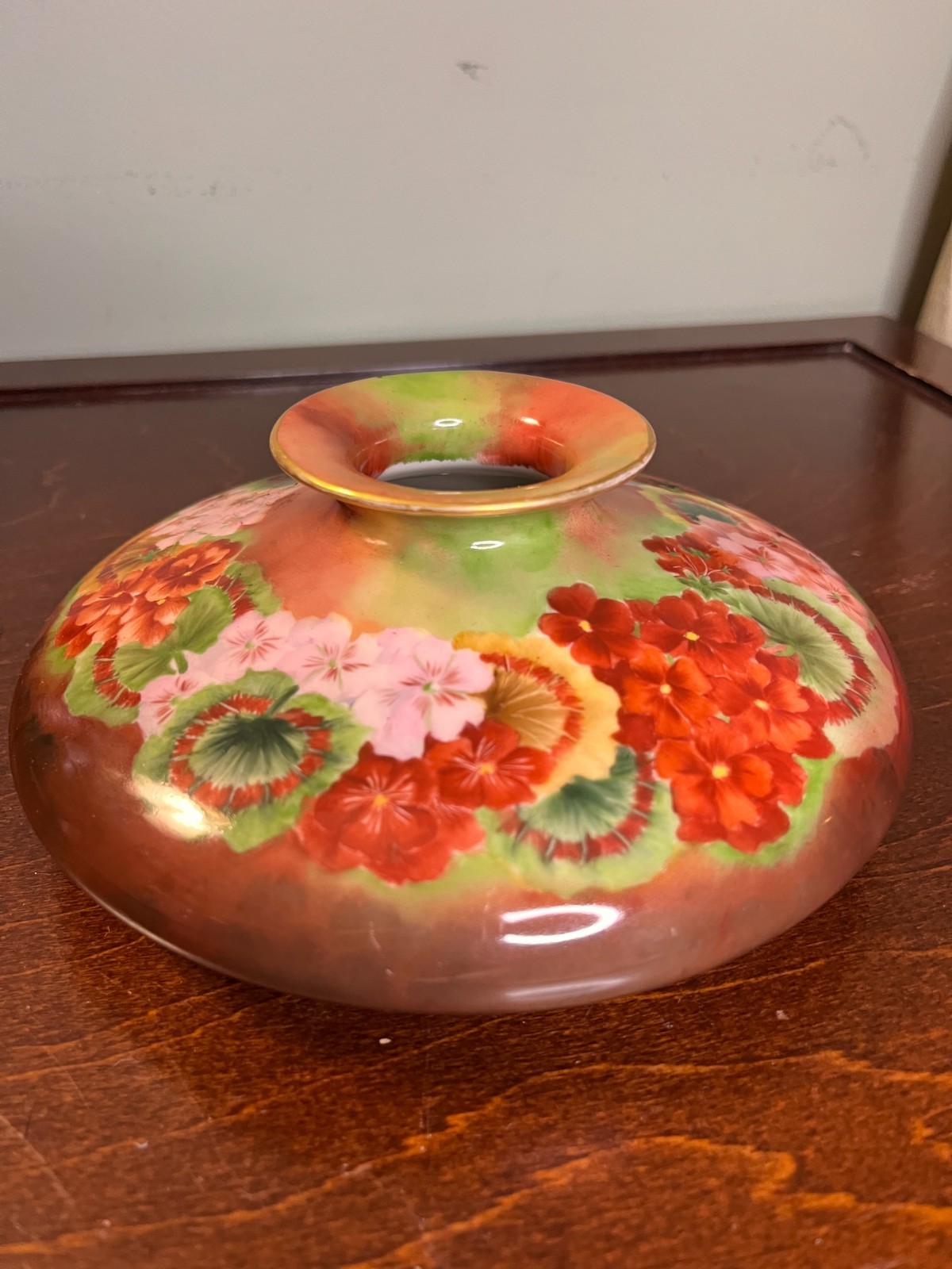 ANTIQUE T&V Limoges France Squat Vase Hand Painted Geraniums Floral Gold Trim