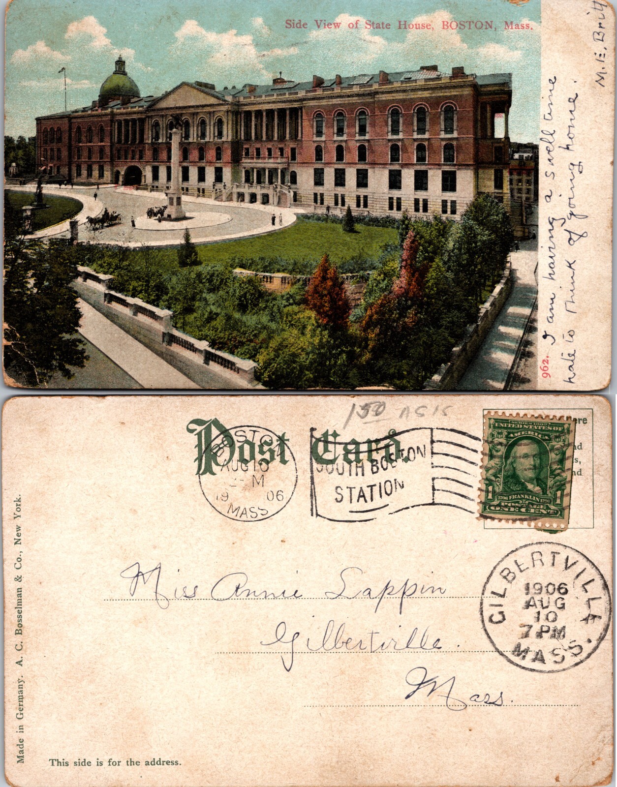 State House Side View Boston Massachusetts MA Postcard