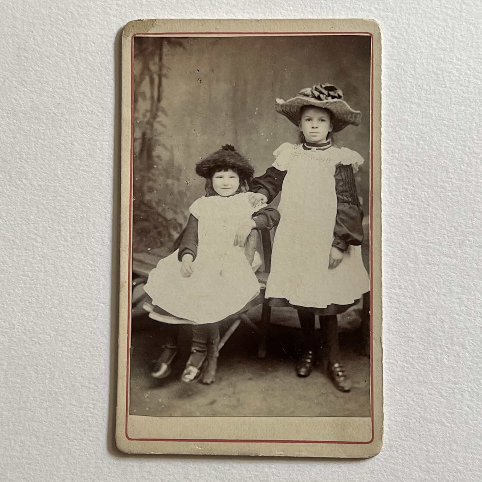 Antique CDV Photograph Adorable Little Girls Sisters Matching Great Hats