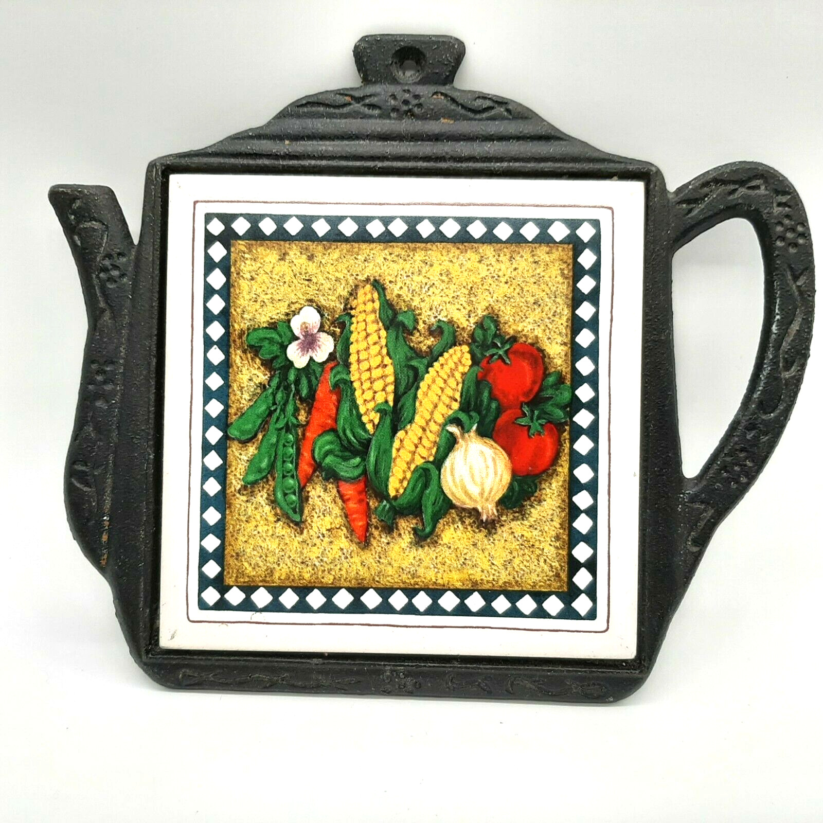 Sri Lanka Walltiles Cast Iron and Tile Teapot Trivet Vegetables 6x7 Inches