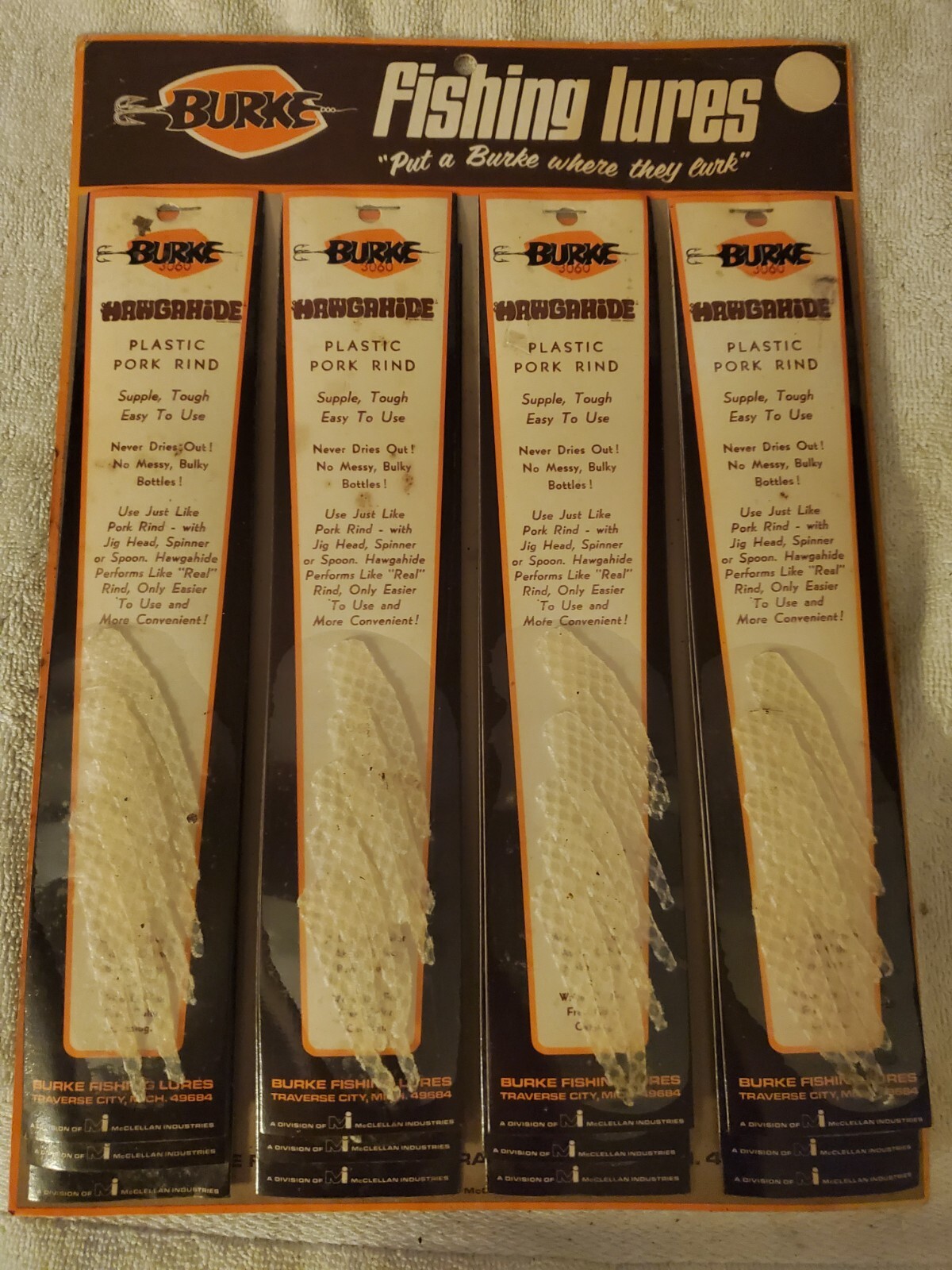 Vintage Burke Hawahide Plastic Pork Ring NOS Store Display Card of 12 Five Pack