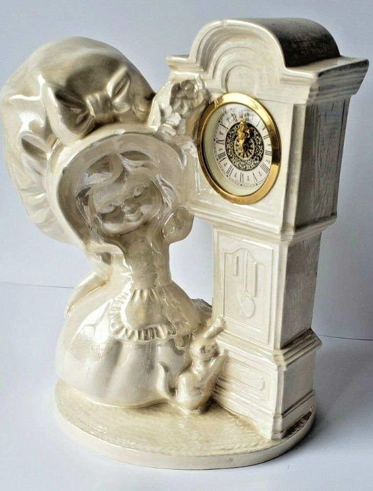 Vintage Desk Mantel NARCO West Germany Clock Iridescent Girl and Her Puppy    