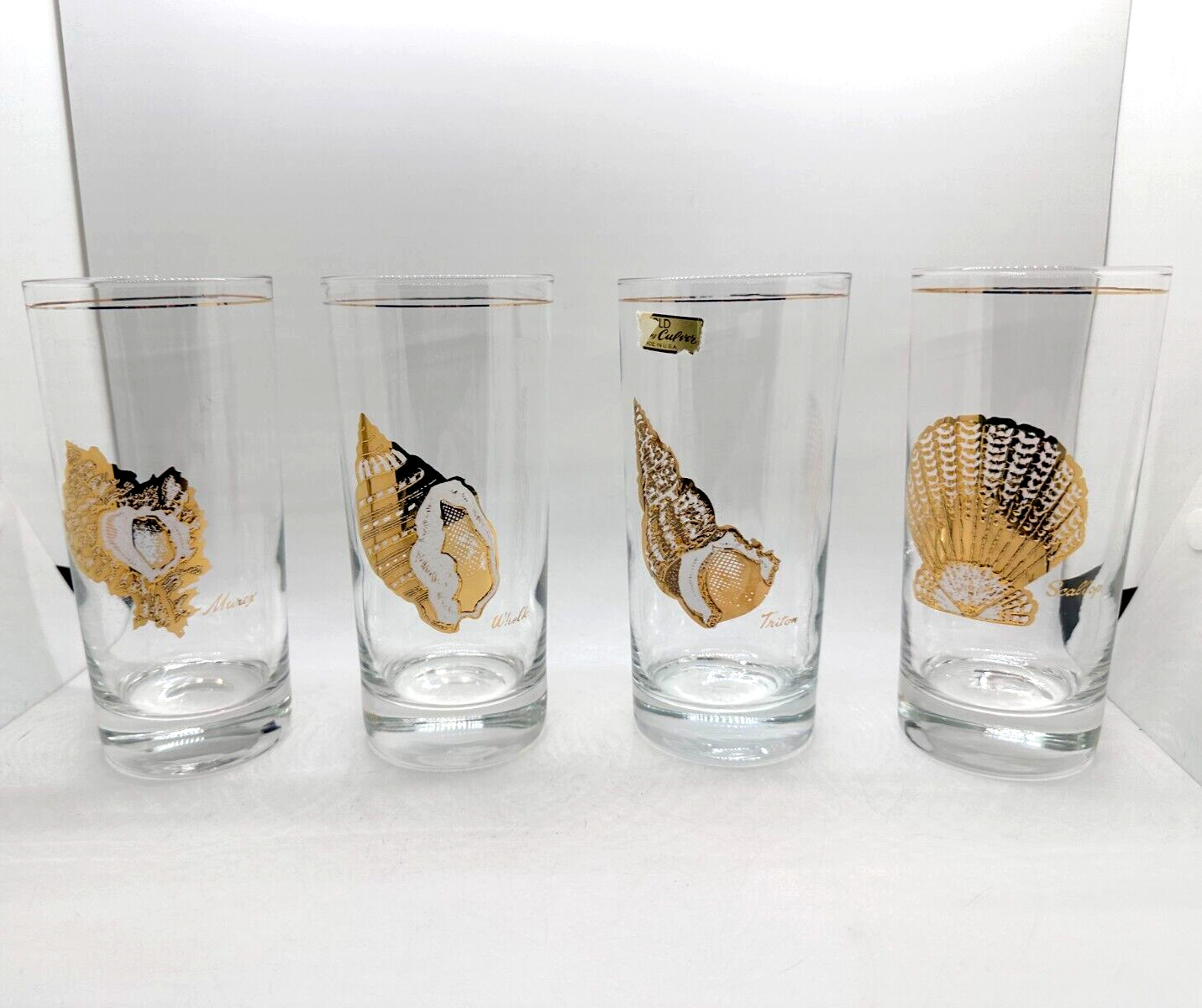 VTG Culver Encrusted 22kt Gold Sea Shell Tumbler Cocktail Glasses Lot of 4