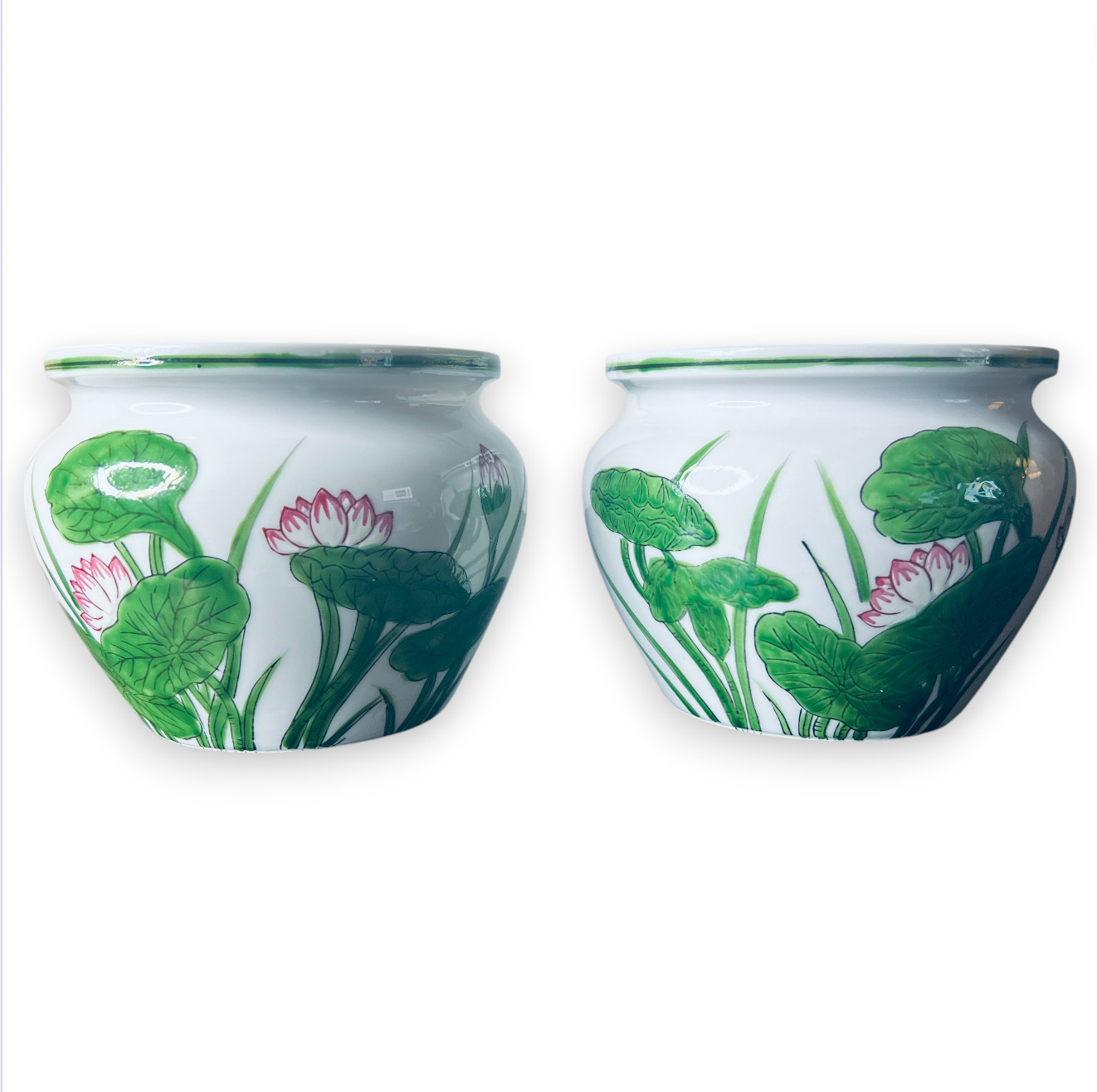 Vintage Chinese Porcelain Lotus Planter Pair Hand Painted Small 4-5” Cachepots