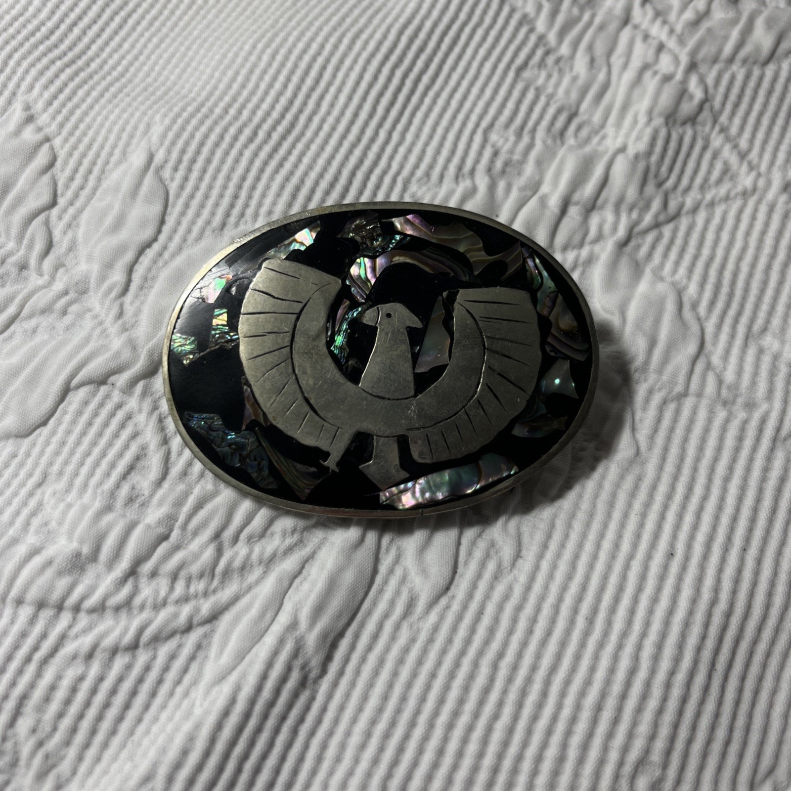 Belt buckle VTG Mexican inlaid silver eagle with abalone stone