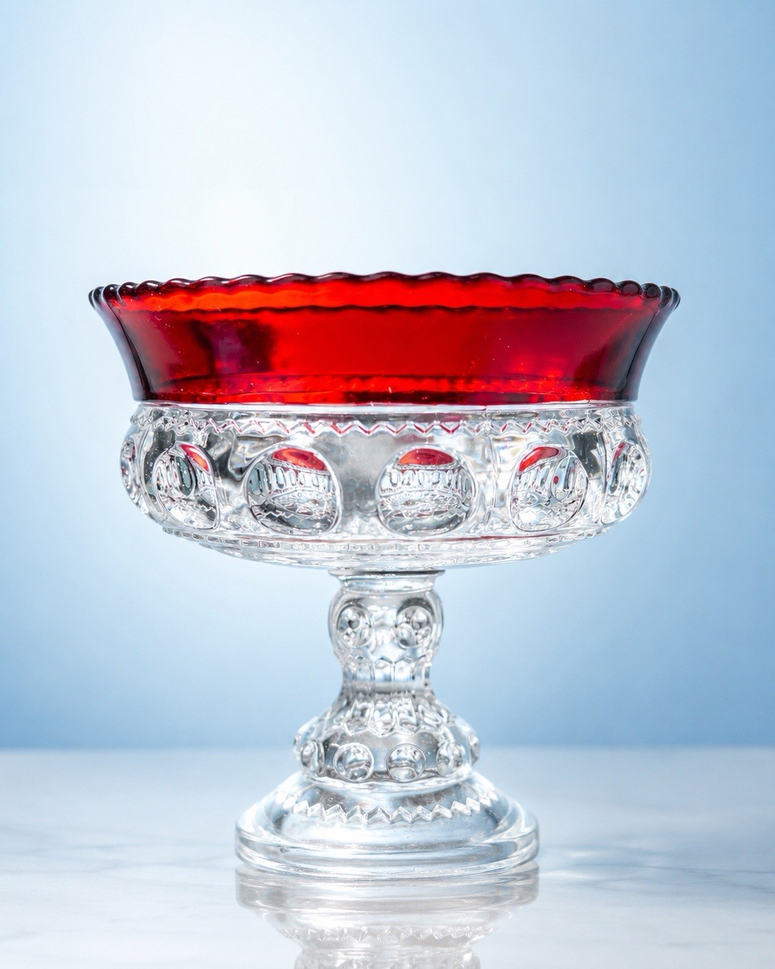 Tiffin EAPG 1950s Pedestal Footed Compote Dish Kings Crown Ruby Thumbprint, 5.5”