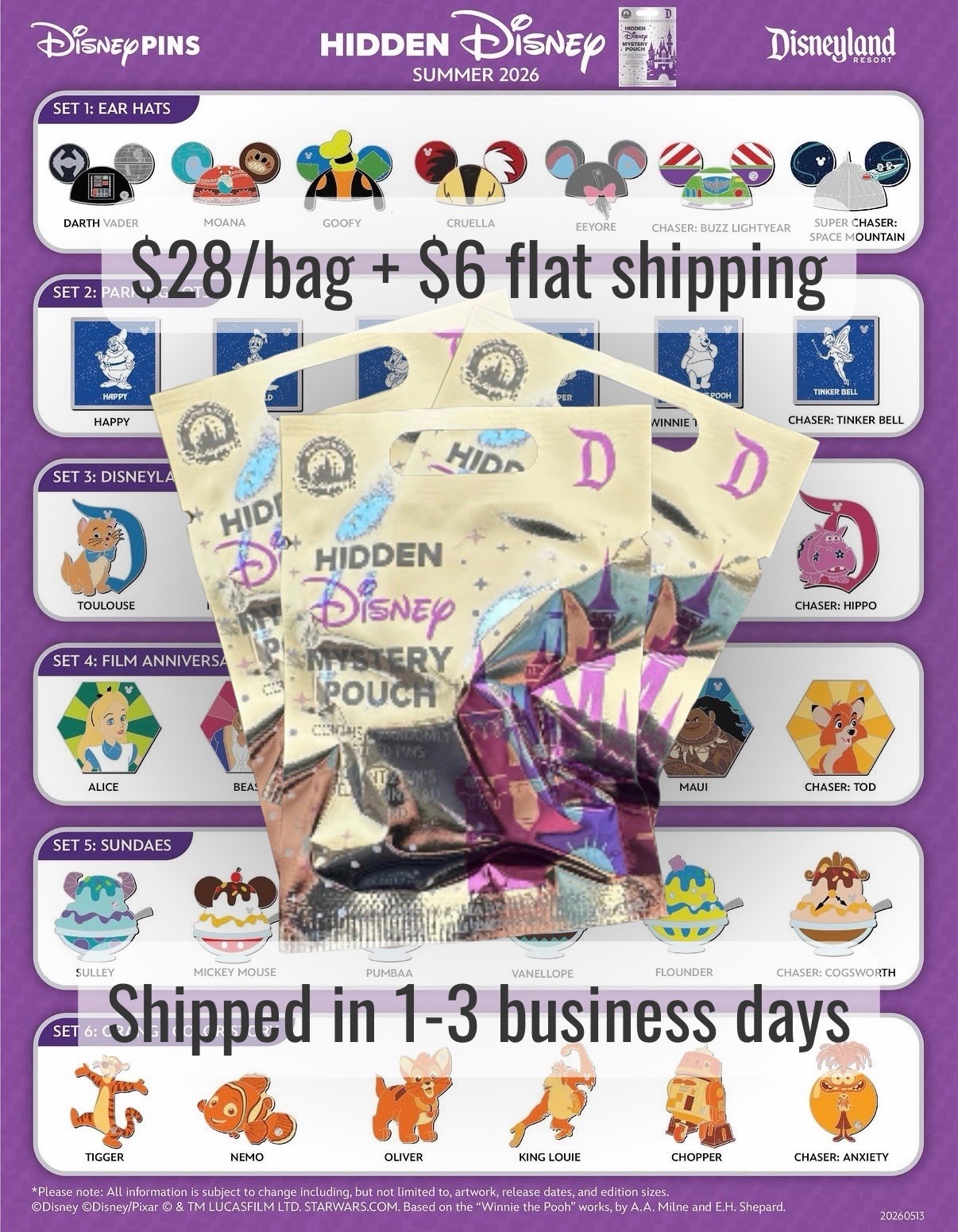 2026 NEW Disneyland Hidden Mickey Mystery Pack Wave B (5 Pack) SEALED