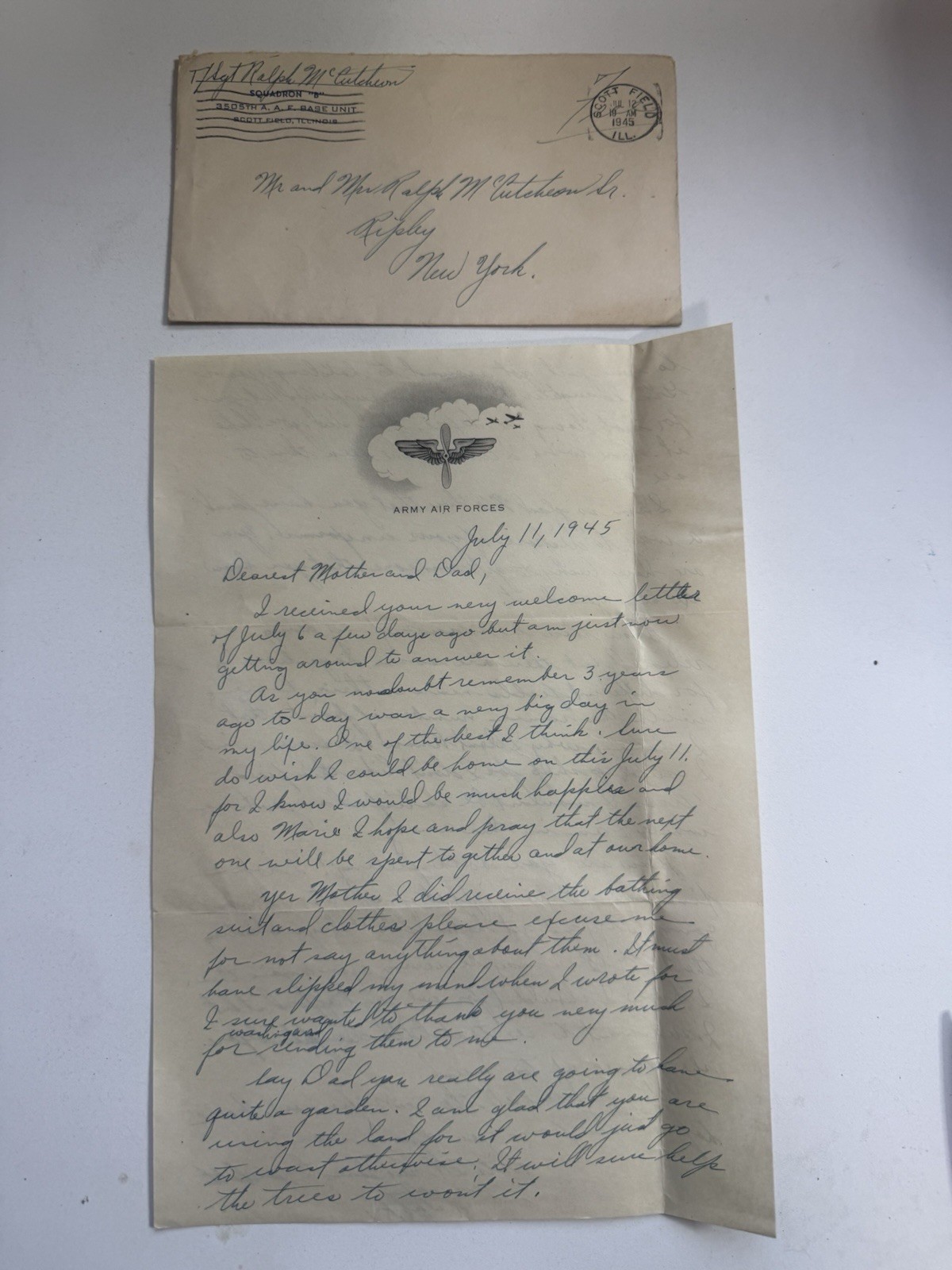 1945 WWII USAAF T/Sgt Ralph McCutcheon Letter 3505th AAF Scott Field