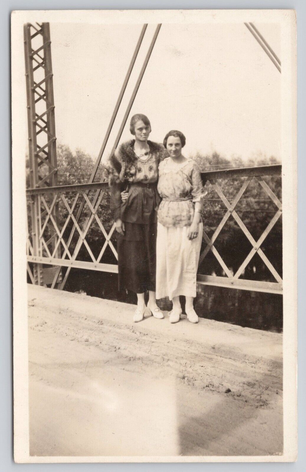 Two Unknown Women in Long Dresses Standing on Bridge c1918-1930 RPPC Postcard