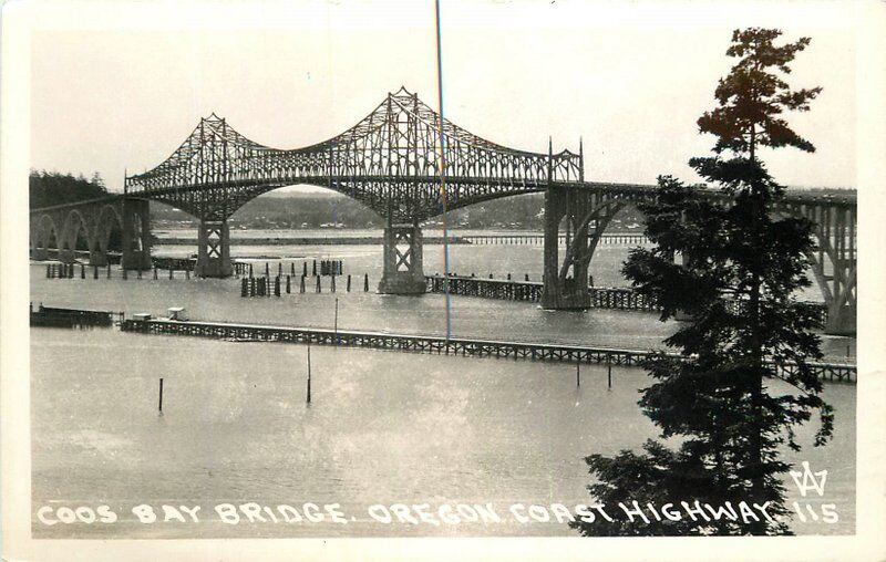 Coos Bay Bridge 1946 Oregon Coast Highway RPPC real photo postcard 1489 