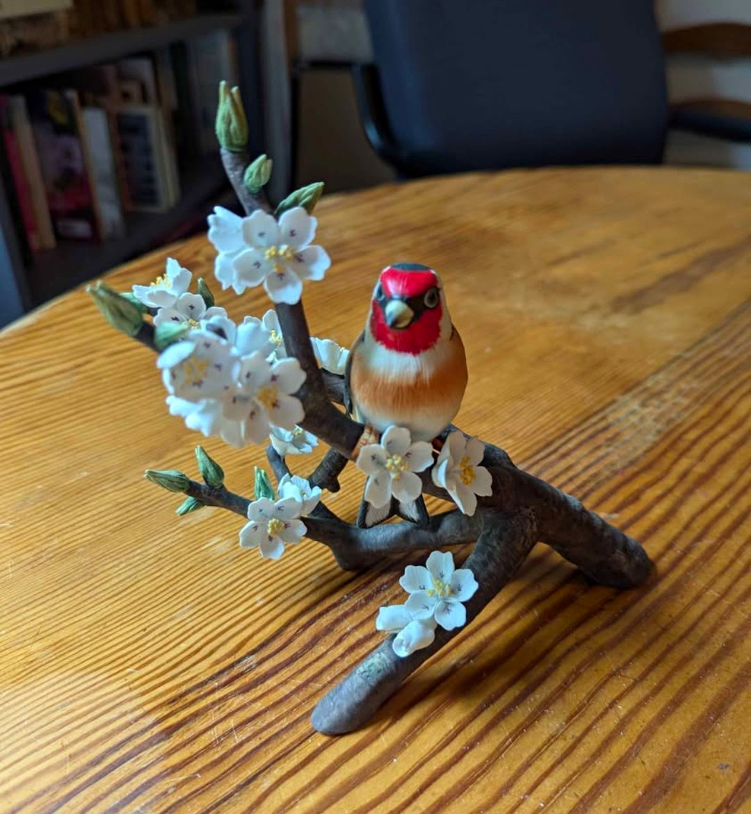RSPB European Goldfinch Bird Porcelain Figurine on Blossom Branch