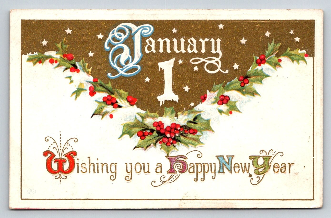 1917 January 1 New Year Postcard Holly Berries Embossed Vintage 1917 January 1 New Year Postcard Holly Berries Embossed Vintage