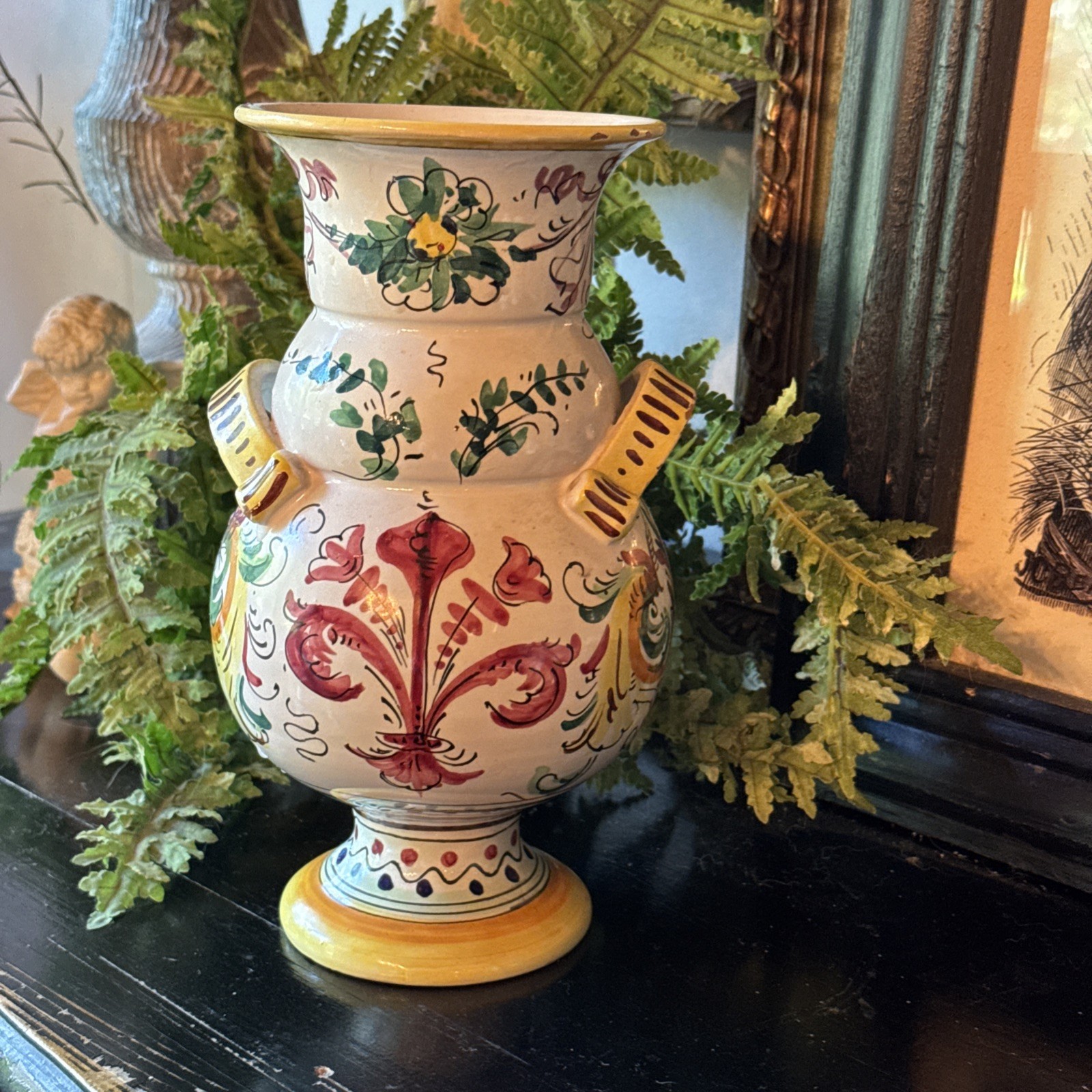 Vintage Italian Deruta Majolica Pottery Vase Hand Painted Footed Urn