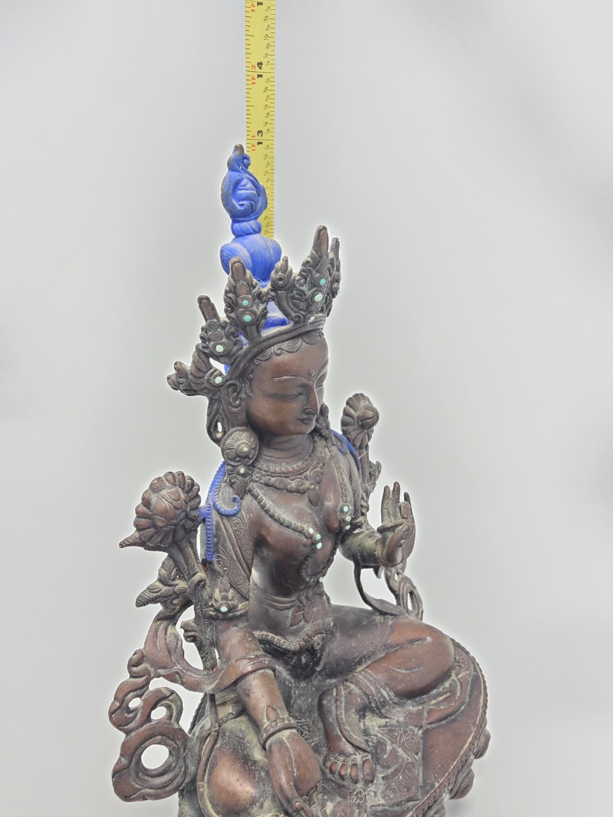 Tibetan Bronze Green Tara Statue Seated Buddhist Goddess 13\