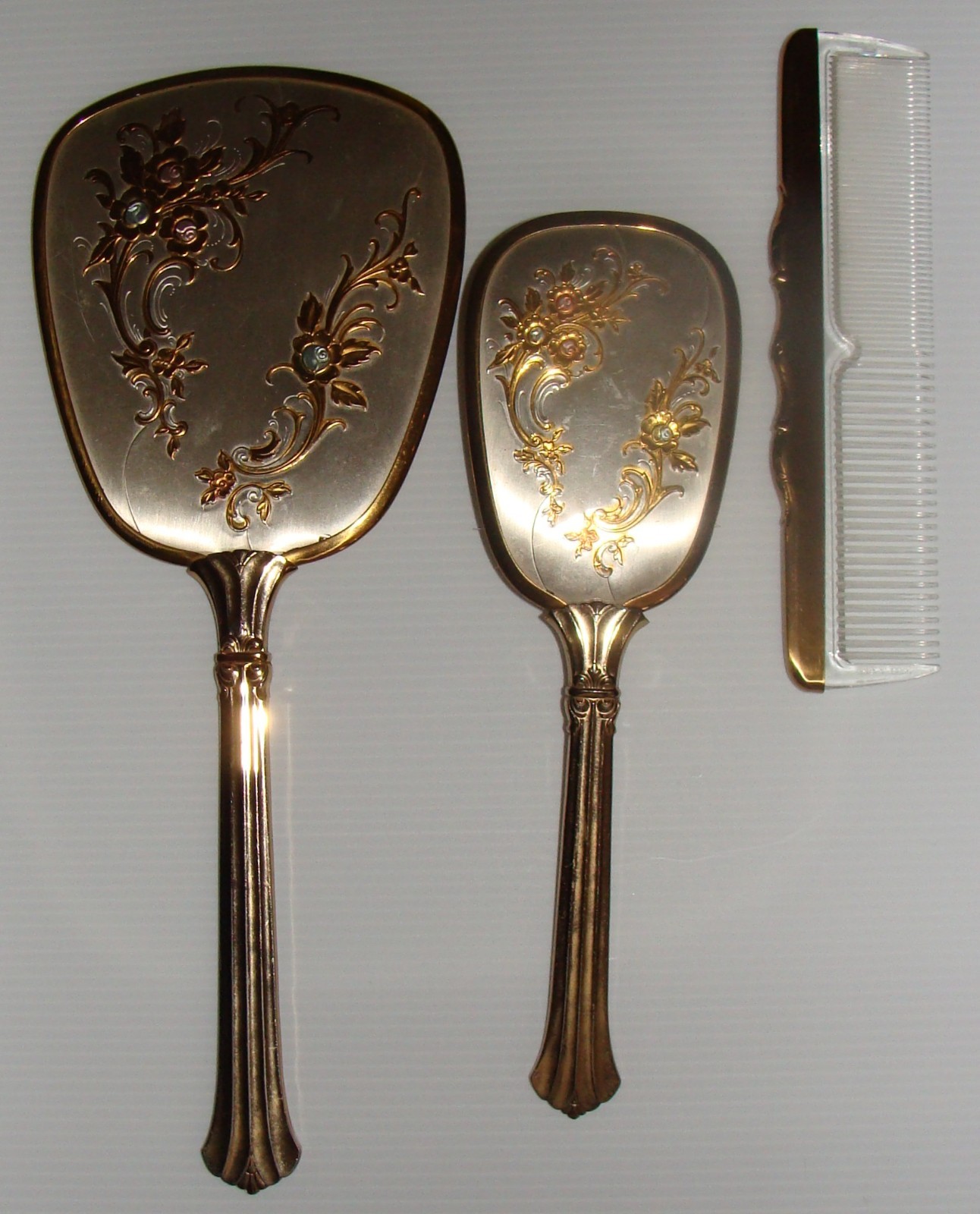 Vintage Mirror, Brush & Comb Set, Gold Plated