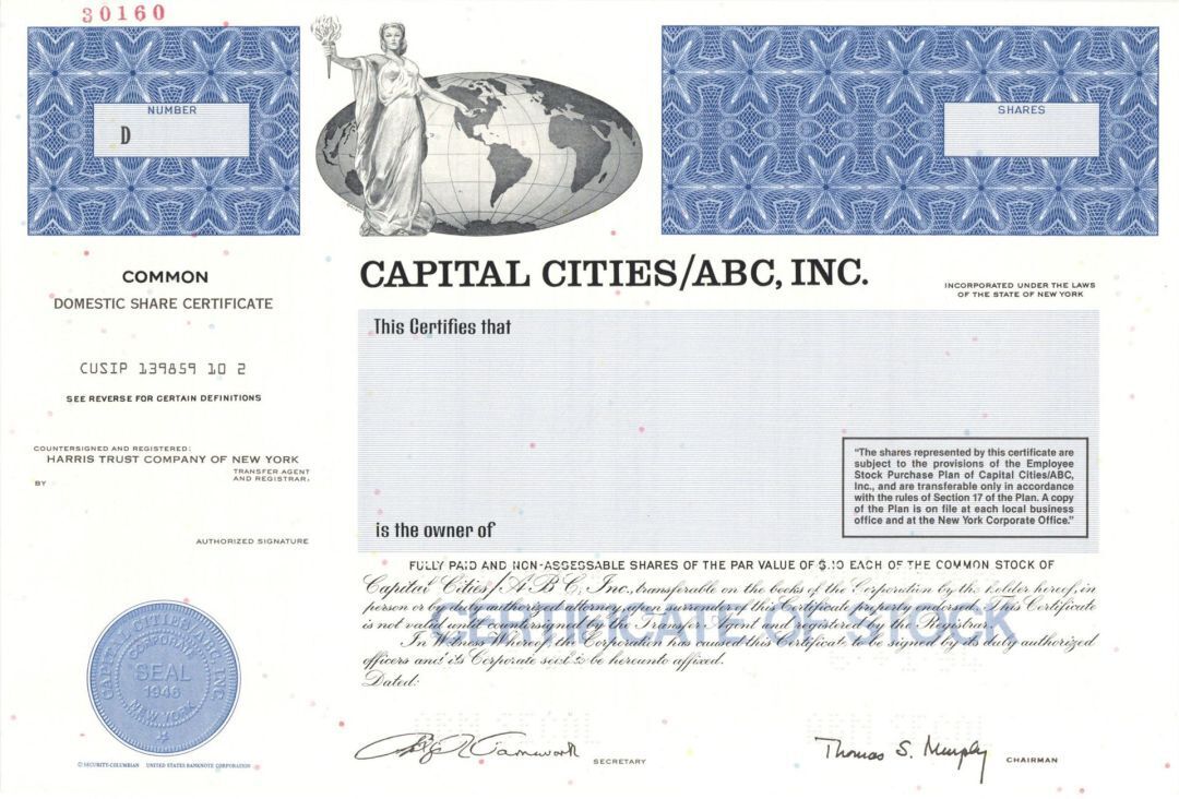 Capital Cities/ABC, Inc. - 1946 Specimen Stock Certificate - Specimen Stocks & B