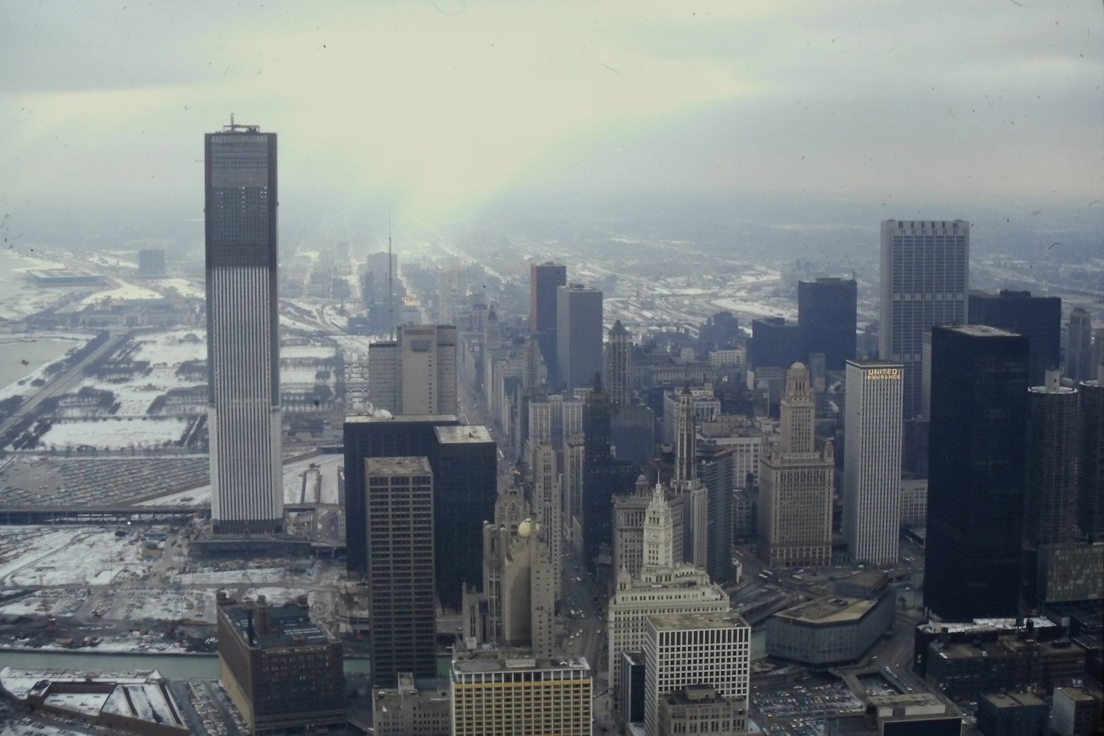 c1970\'s Kodachrome 35mm Slide, Chicago Skyline Aerial View Illinois Snow winter