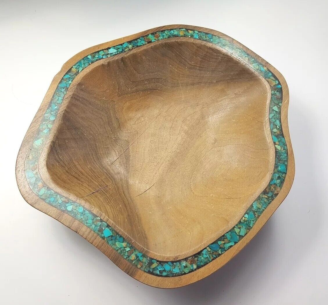 Mine Finds By Jay King Decorative Wooden Bowl W/ Turquoise. Made In Morocco