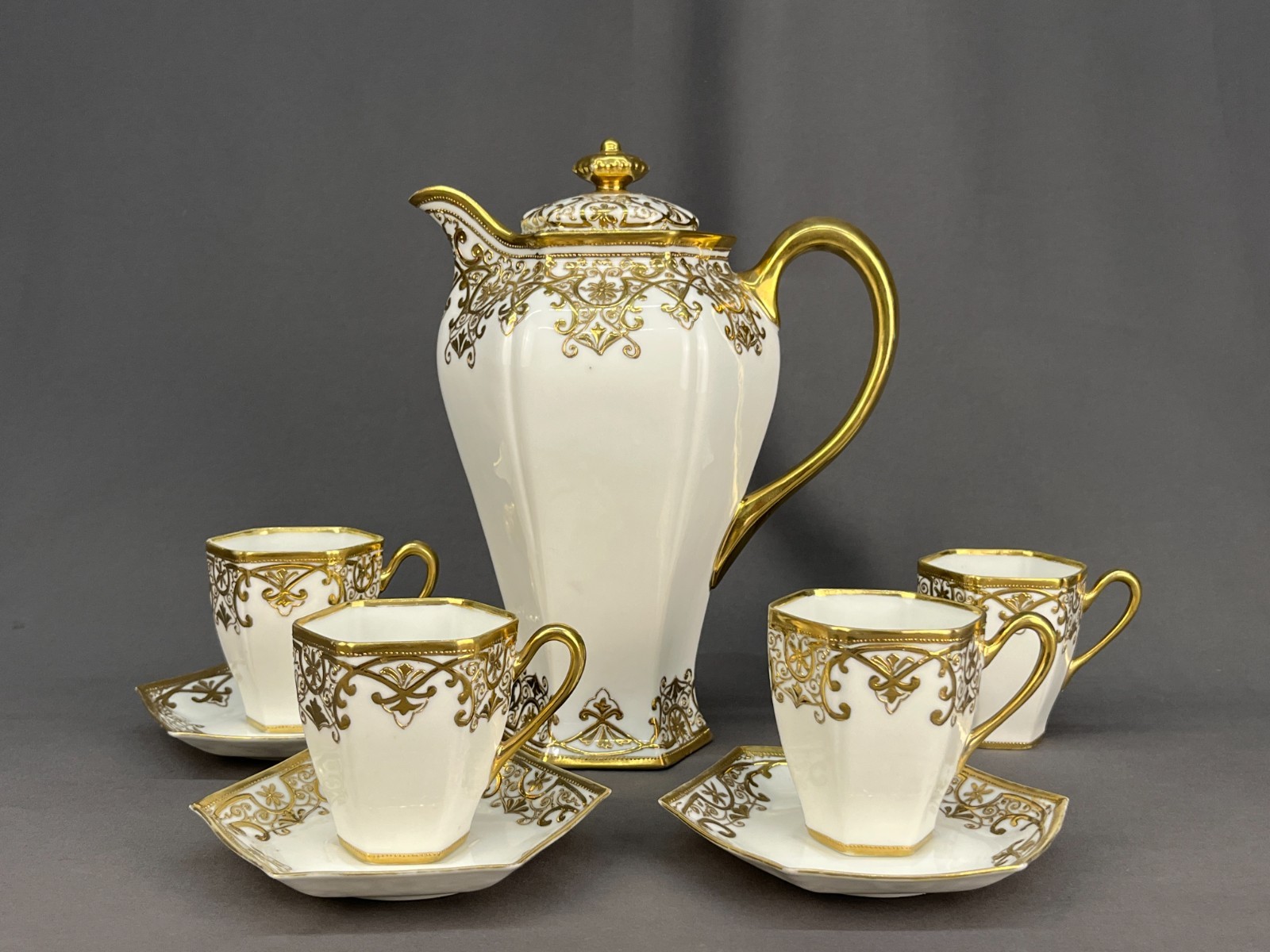 9-Pc Antique RC Royal Crockery Nippon Hand-Painted Gilt Moriage Chocolate Set