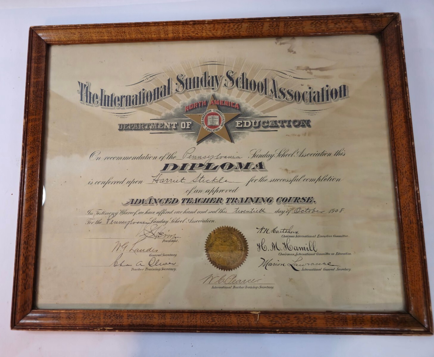 Antique 1908 International Sunday School Association Diploma Framed With Glass