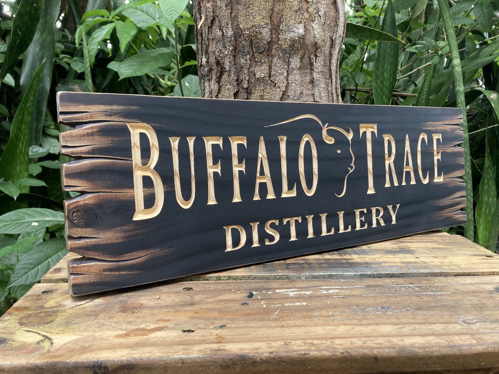 Buffalo Trace Bourbon Sign Carved Wood Whiskey Bar Cigar Lounge Antique Look