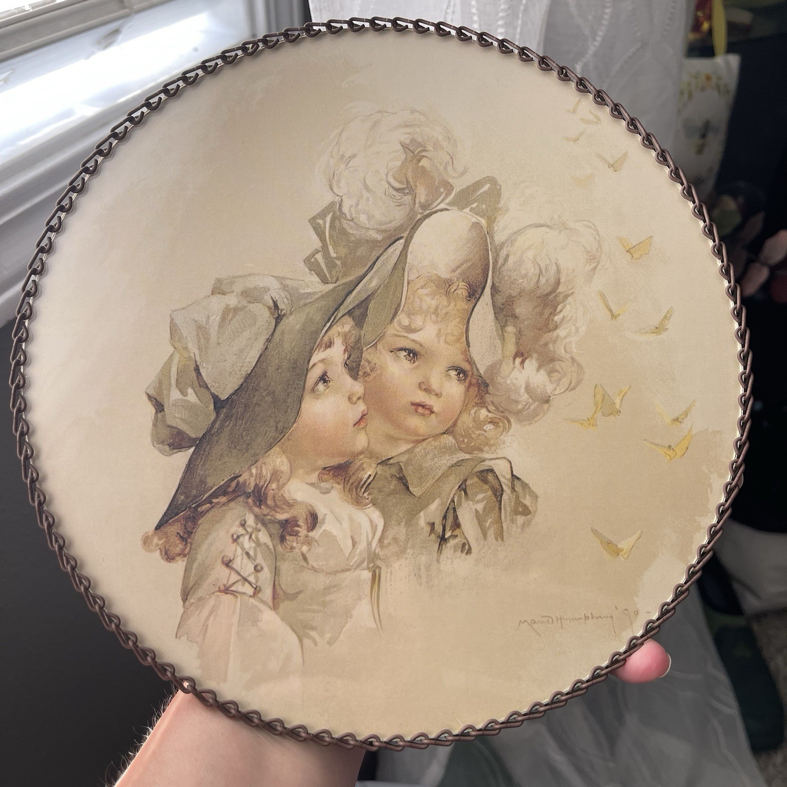 Vtg Two Gallery Graphics Victorian Reprod Flue Cover Girls with Butterflies