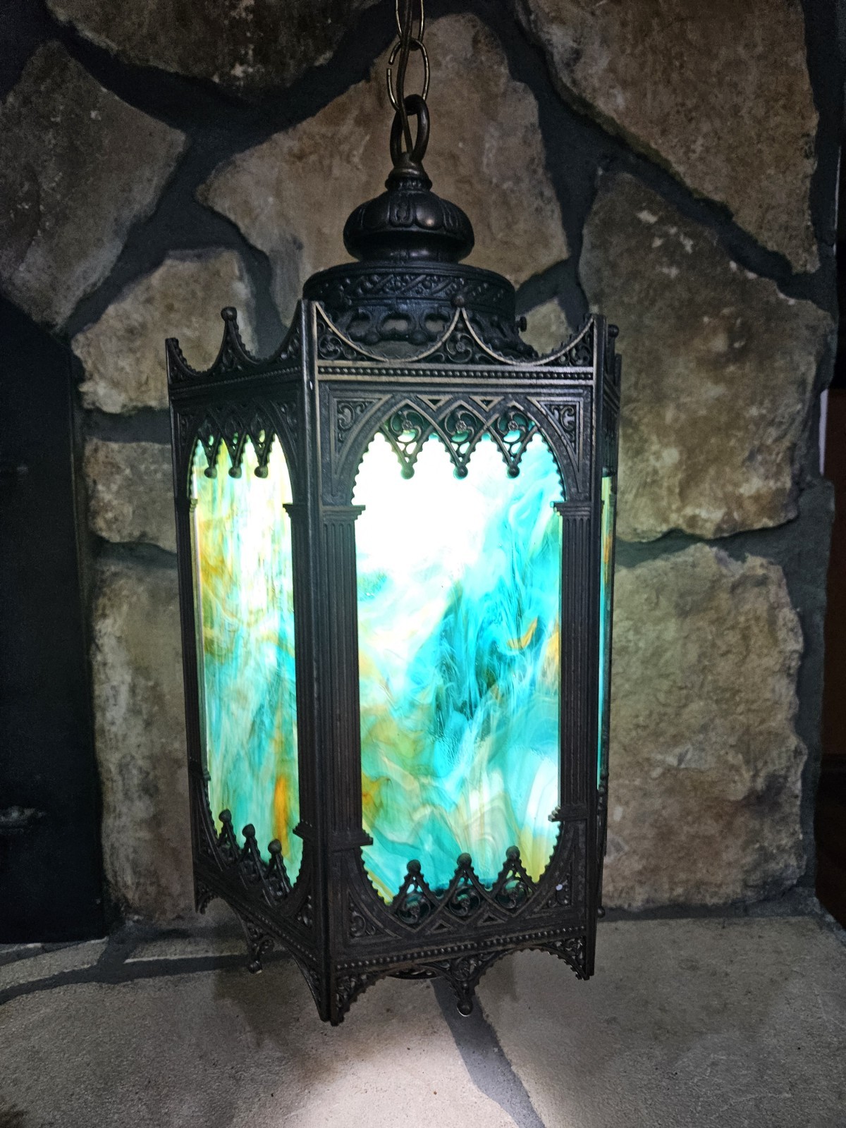 Antique 1963 LightCraft of California Brass Stained Glass Pendant Lamp Gothic