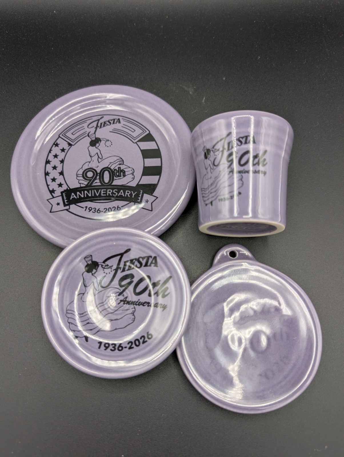 Fiesta 90th Anniversary SET,  Lavender, Shot Glass, Coaster, Magnet, Ornament