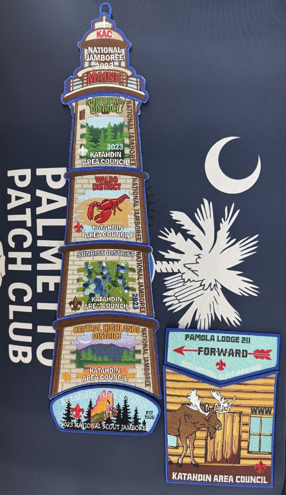 BSA KATAHDIN AREA PAMOLA 211 2023 JAMBOREE Lighthouse Patch Set w/OA 50 MADE