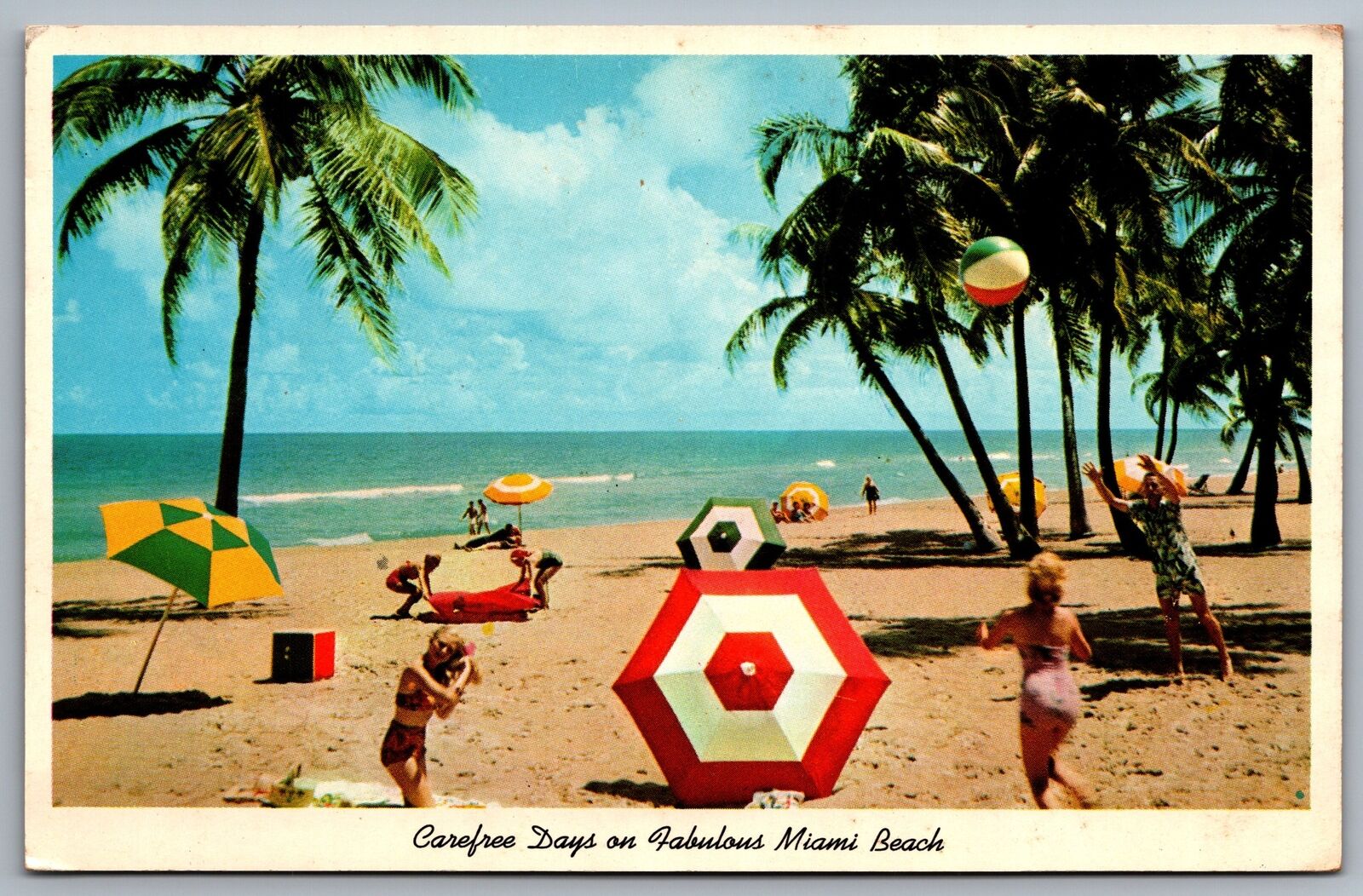 Carefree Days Fabulous Miami Beach Florida Volleyball Sun Bathing Beach Postcard