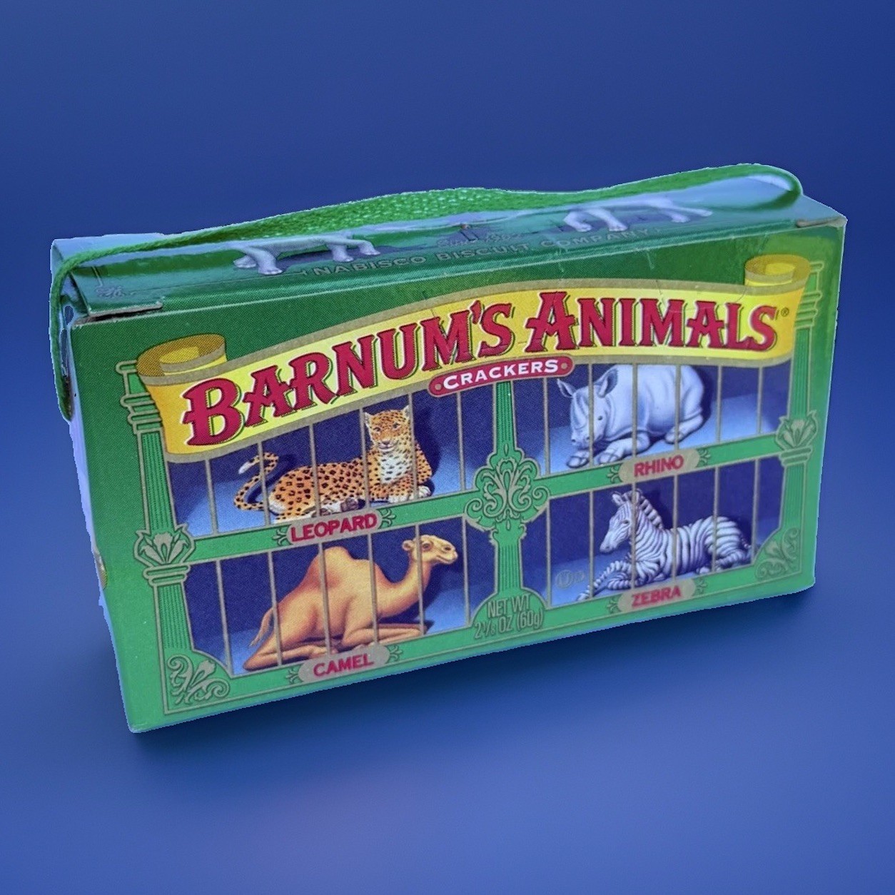 Vintage 1990\'s Nabisco Barnum\'s Animal Crackers Rare Green Box String Handle NOS