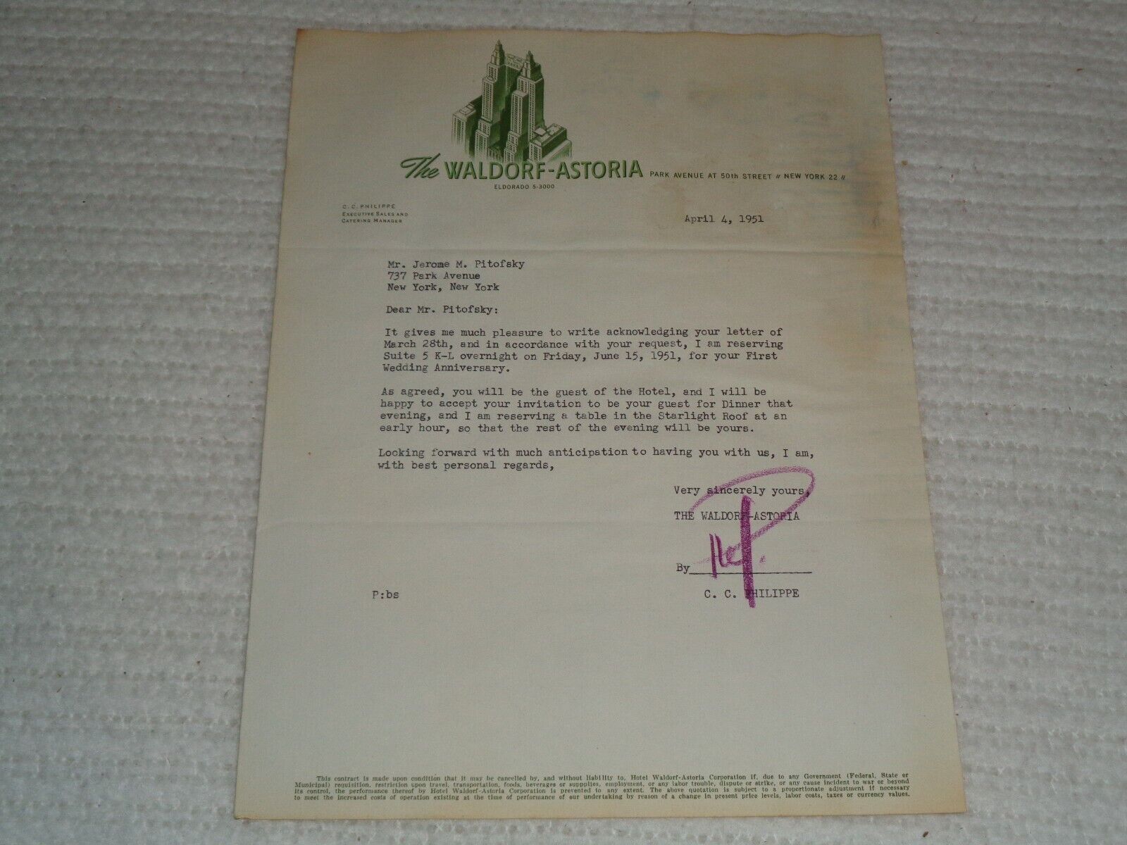 1951 Claude Philippe C.C. SIGNED Waldorf-Astoria New York Hotel Original Letter