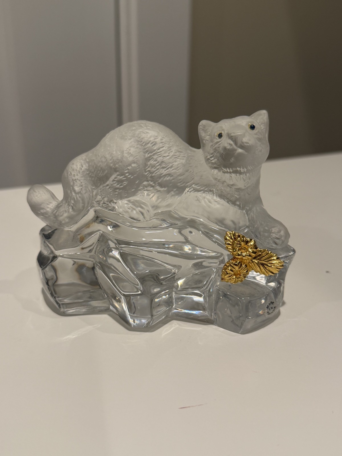 Faberge Crystal Cat Figurine – Signed Igor Carl Faberge, Gold Leaf, France