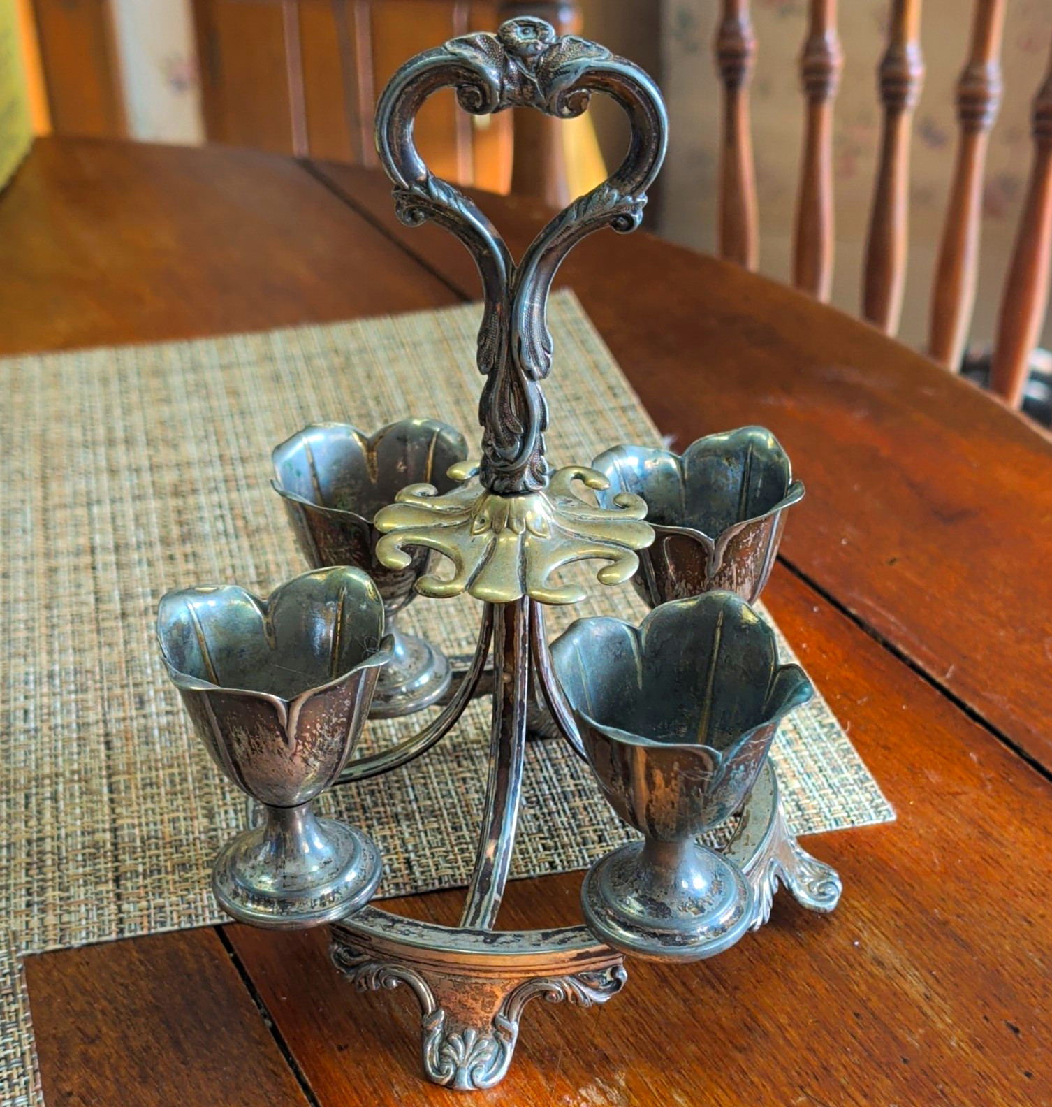 Antique silver-plated four-cup egg cruet stand