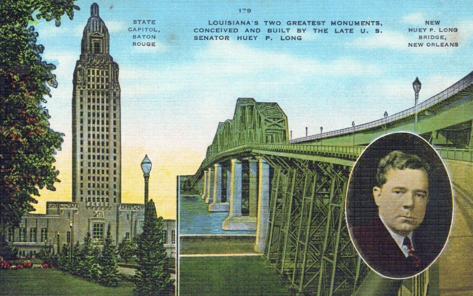 Louisiana\'s Two Greatest Monuments Built by Senator Long Linen Vintage Postcard