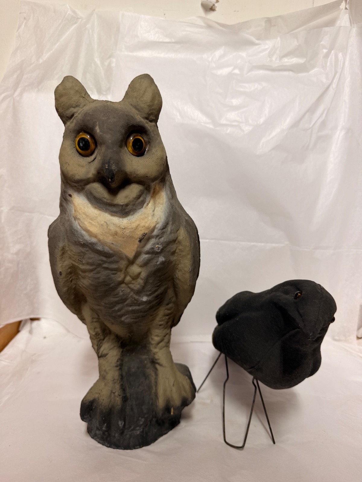 Vintage Papier Mache Owl & Crow Raven Halloween Decor Glass Eyes Pair Antique