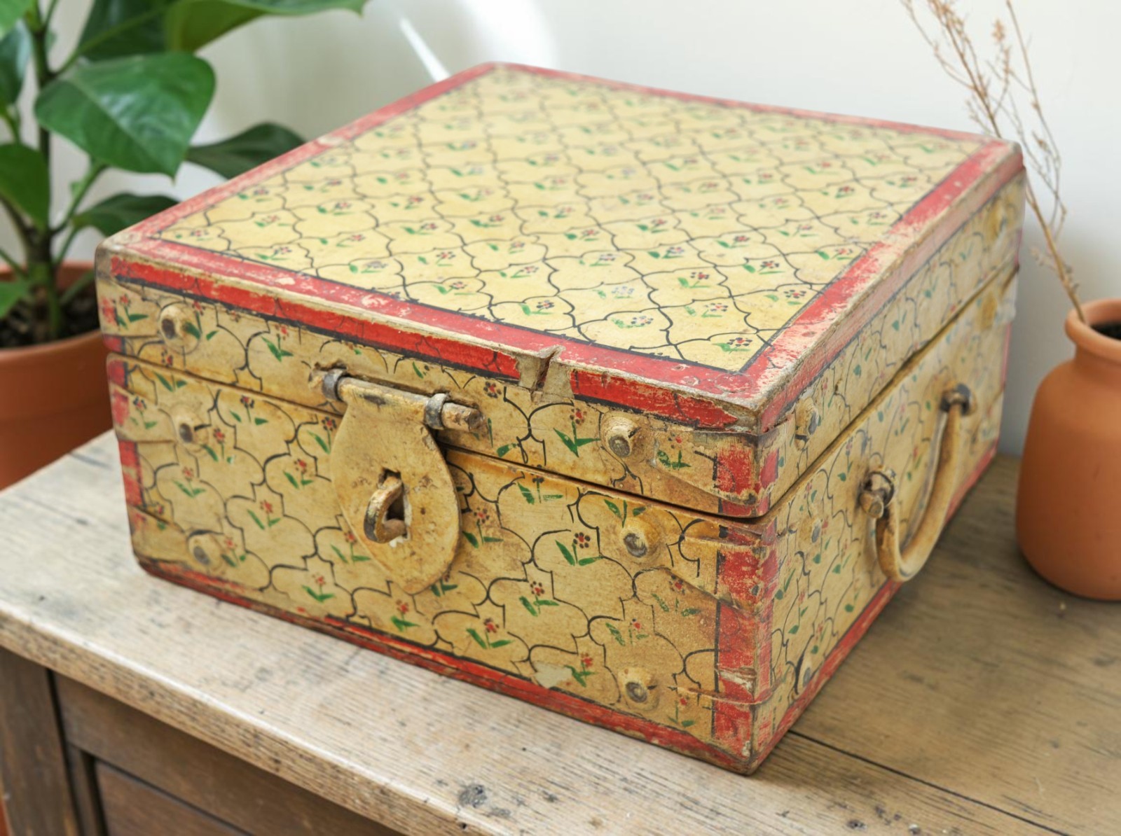 Vintage Wooden Square Storage Chest Box Original Old Hand Crafted Painted
