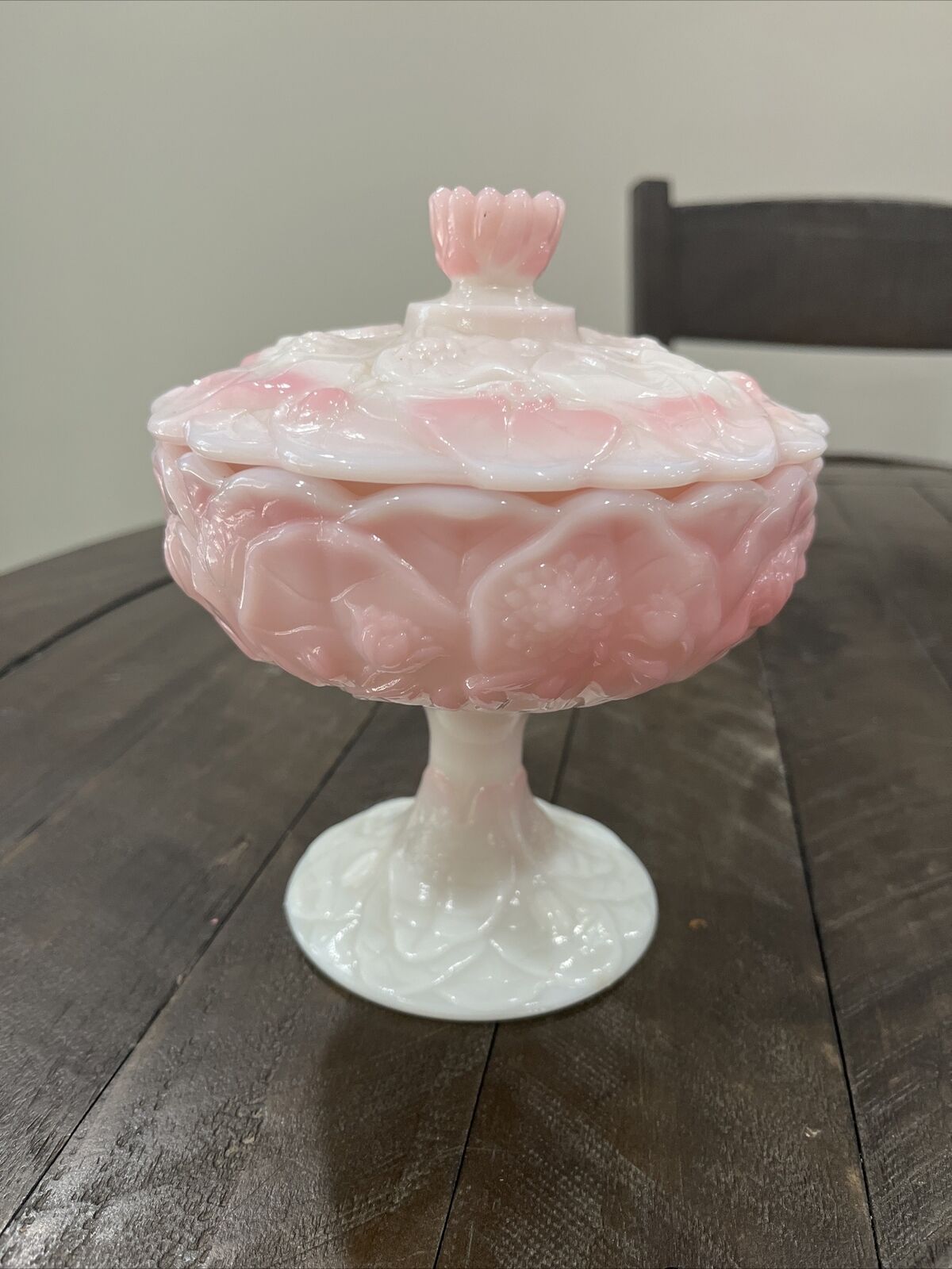 Fenton Pink Rosalene Glass Water Lily Covered Footed Candy Dish Box