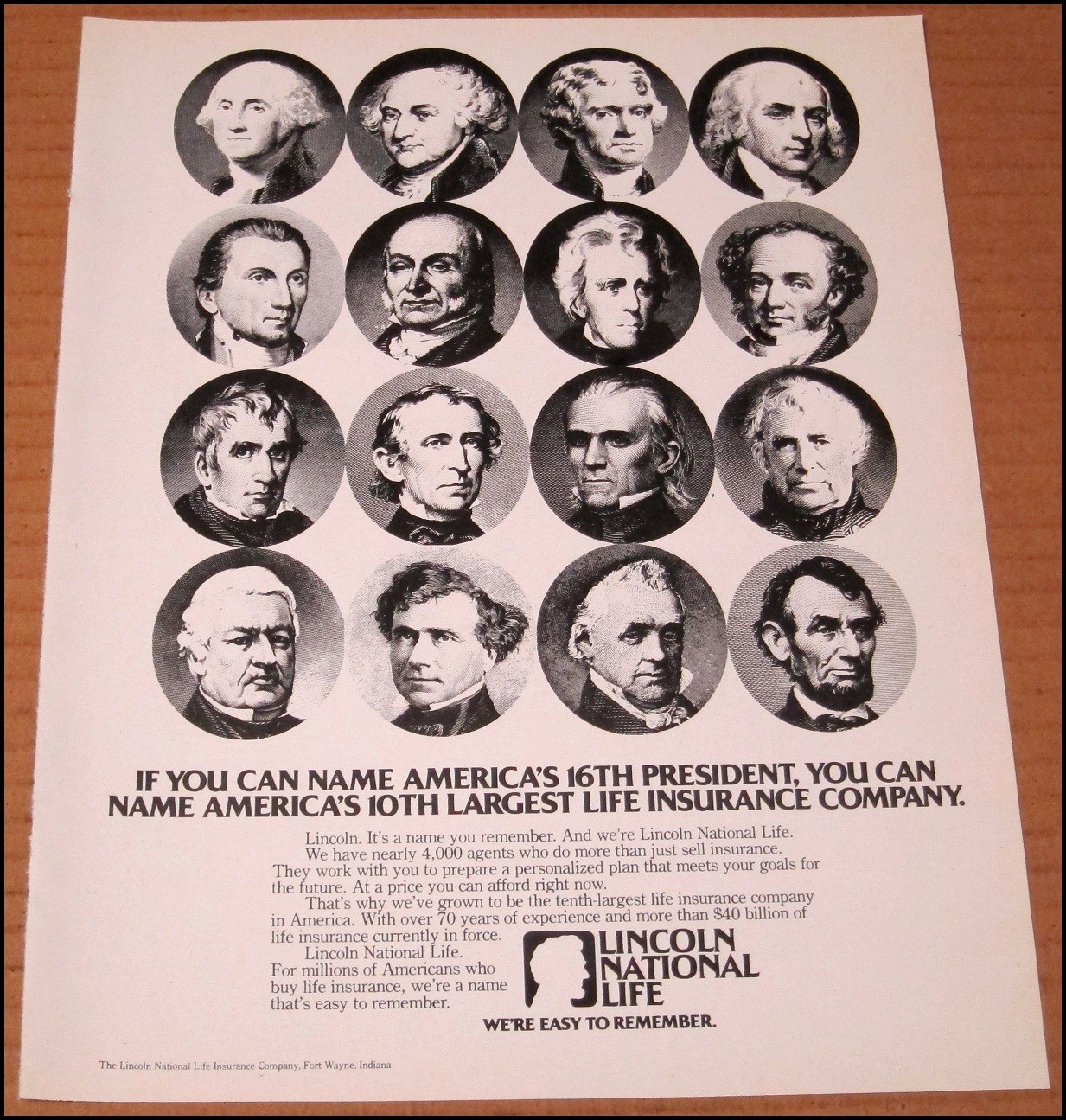 1978 Lincoln National Life Print Ad Advertisement 16th President USA Washington