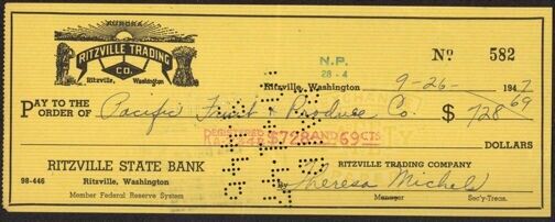 Antique Check 1940's Original Ritzville Trading Company State Bank Washington