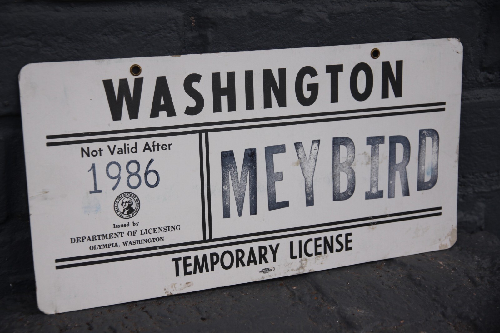 1986  WASHINGTON  License Plate  *** TEMPORARY *** MEYBIRD