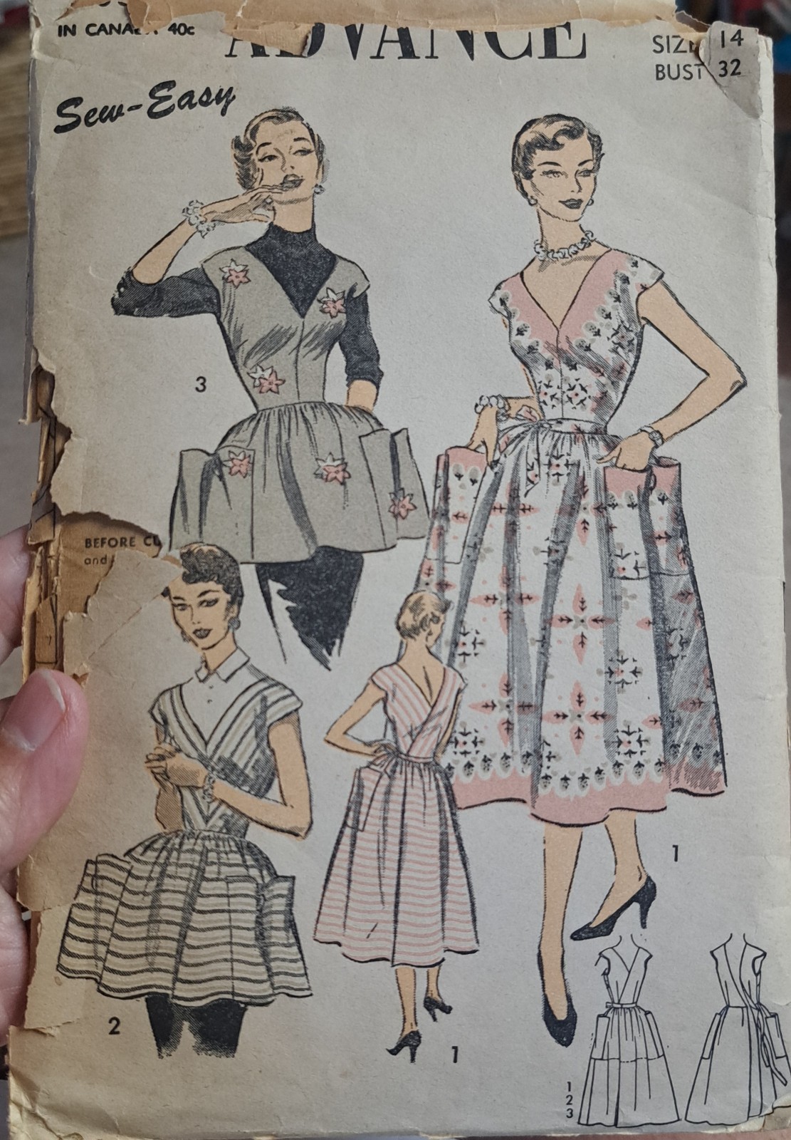 Vintage Advance 6593 Sewing Pattern 1950\'s Apron Wrap Dress Cut Complete Sz 14