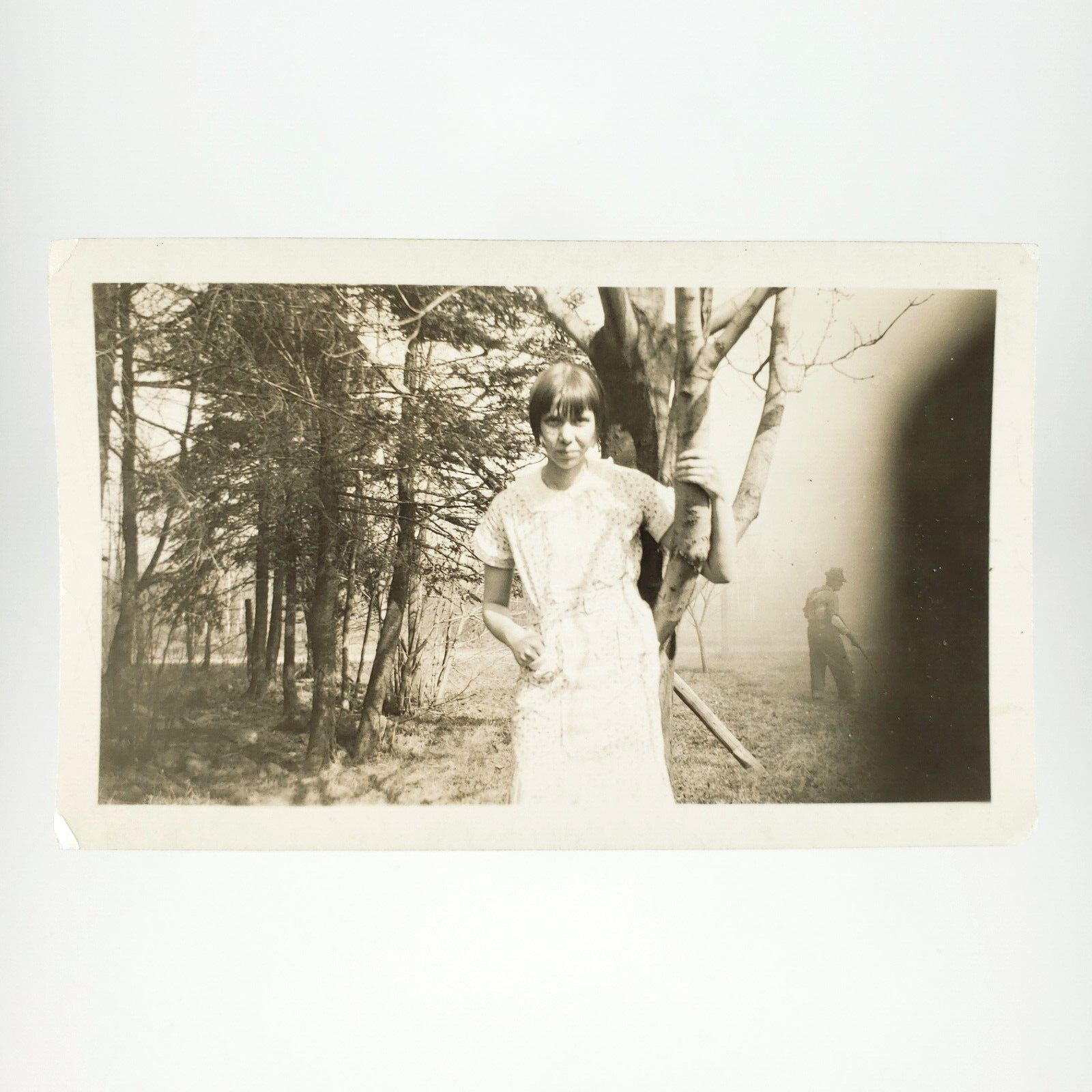 Girl Holding Tree Limb Photo 1920s Misty Forest Farm Young Woman Snapshot A4283