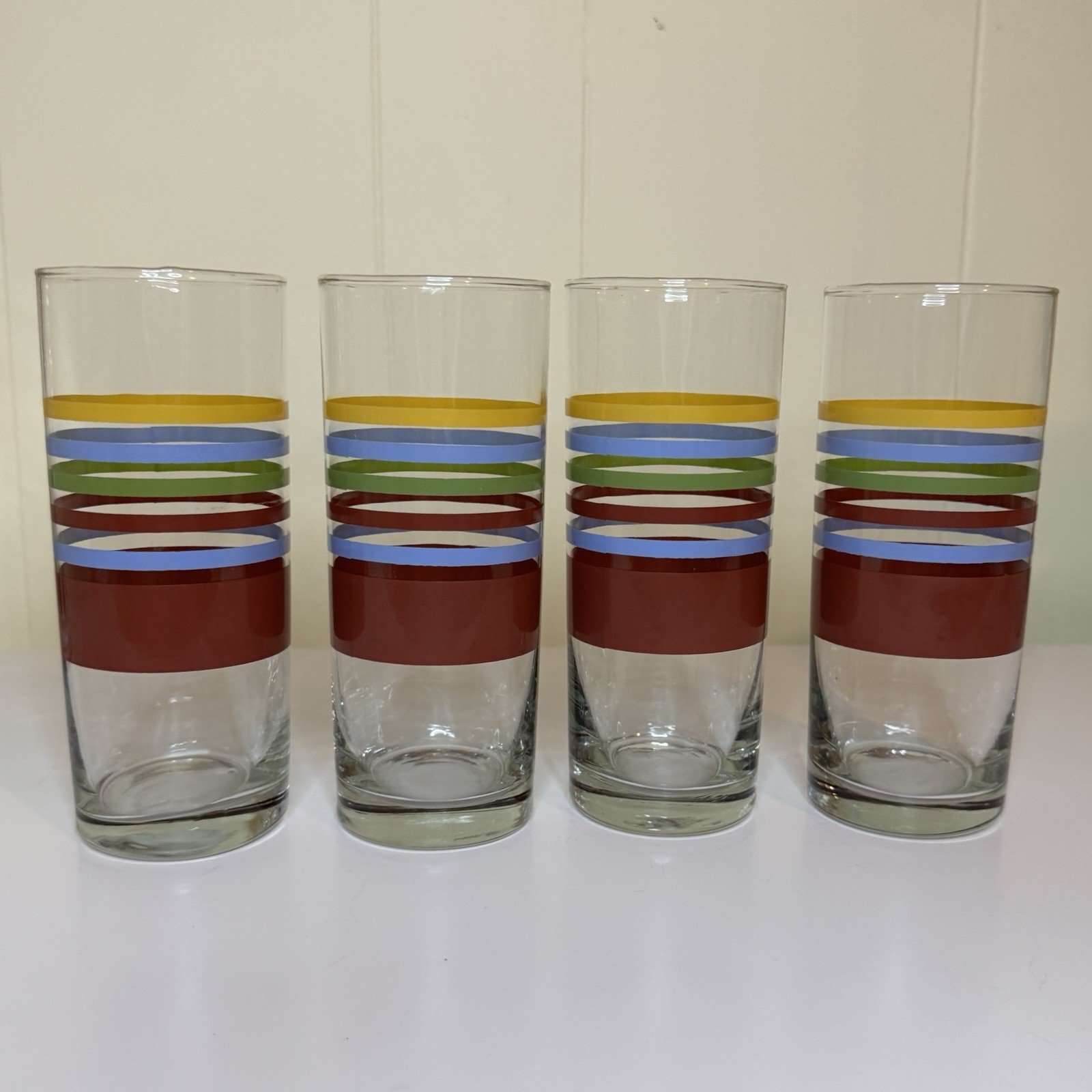 (4) Libbey GlassesStriped Green Yellow Blue Maroon Stripes Drinking Cups 6.75” (4) Libbey GlassesStriped Green Yellow Blue Maroon Stripes Drinking Cups 6.75”