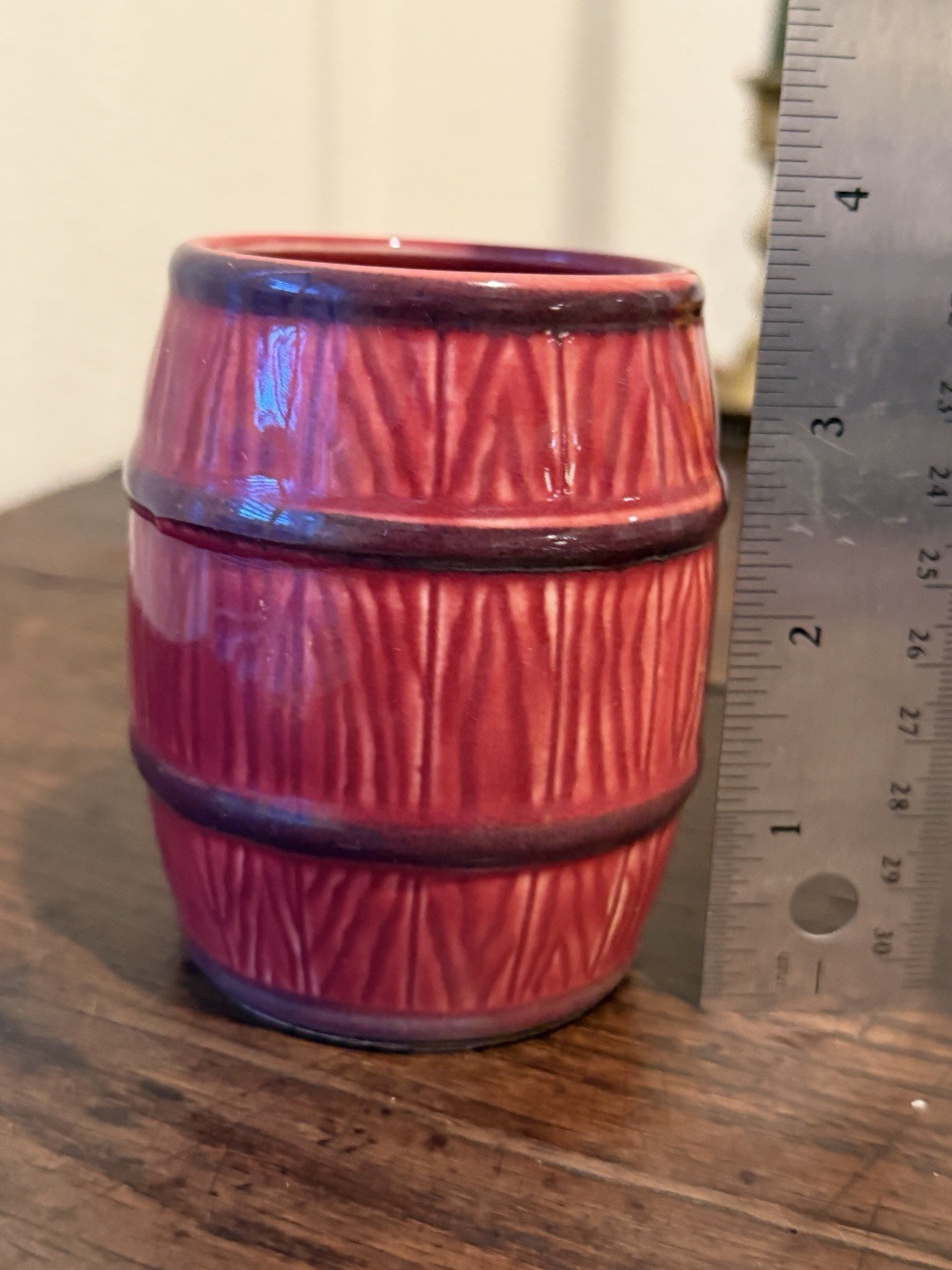 Vintage Ceramic Barrel Cup Oxblood Red Glaze 3.5” Mid Century Pen Holder Farm