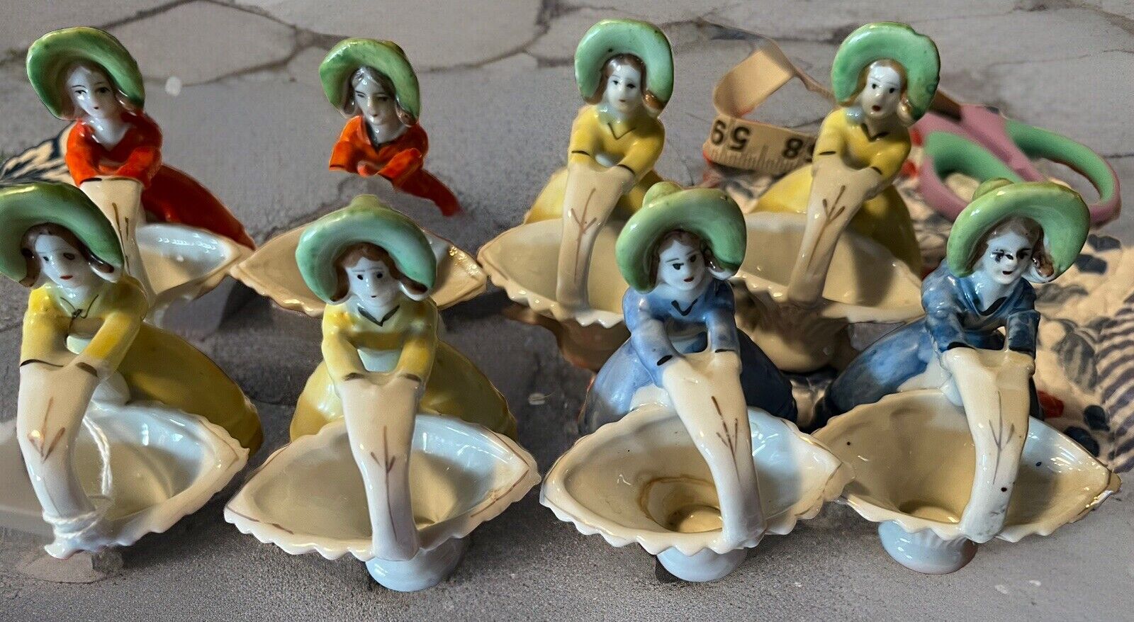 Lot Of 8 Japan Porcelain Girl Hand Painted With  Basket Bonnet Figurine Vintage