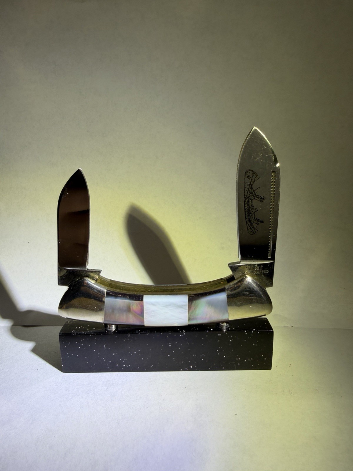 Vintage Parker-Frost By Star Canoe Knife. Black And White Pearl. 2 Blade Etched.