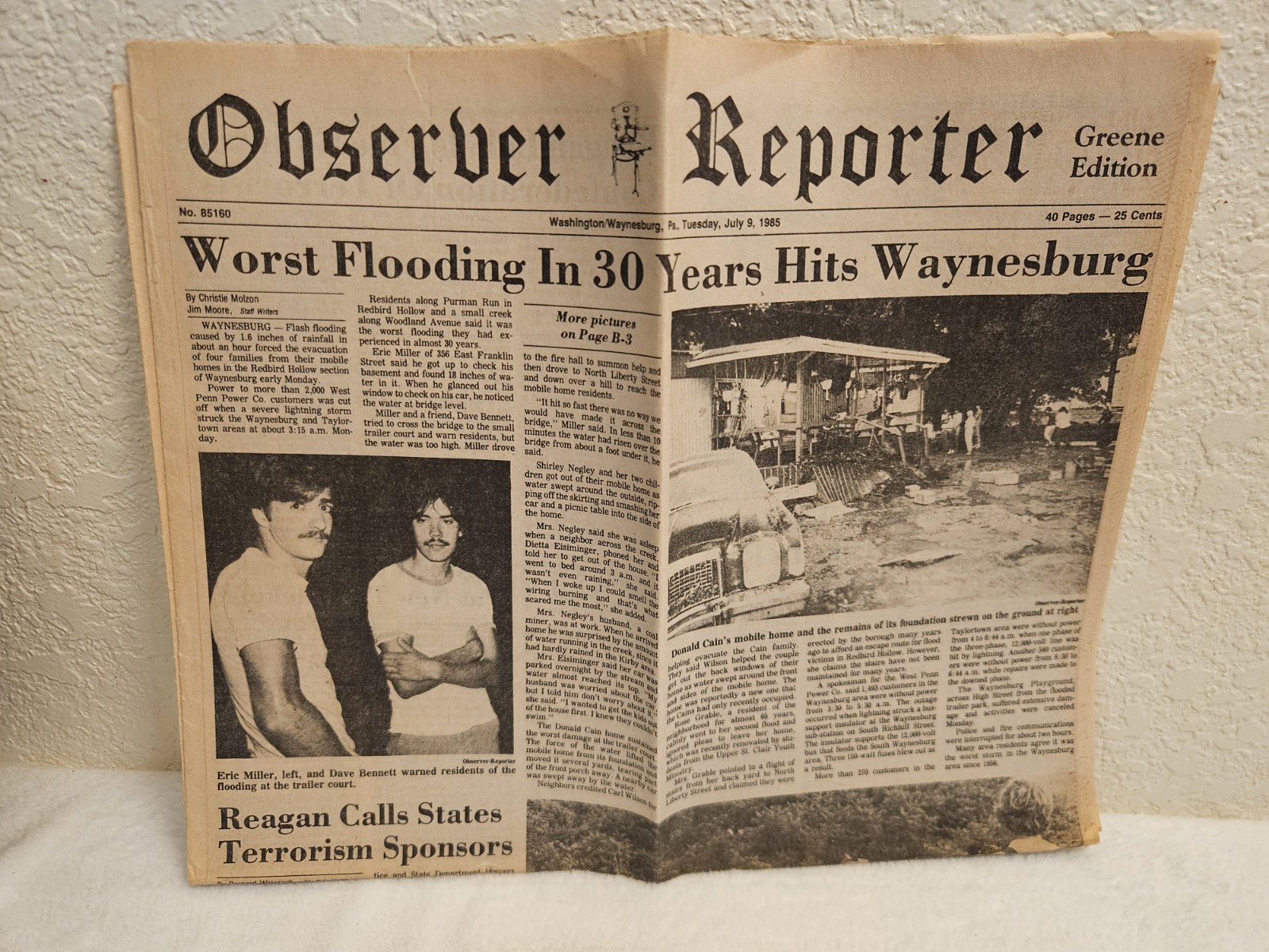 The Observer Reporter Washington/Waynesburg Pa News Paper July 9th 1985 Flooding The Observer Reporter Washington/Waynesburg Pa News Paper July 9th 1985 Flooding