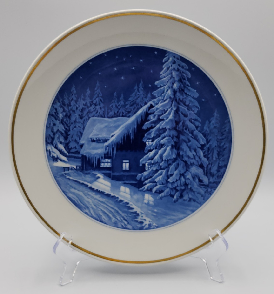 Meissen Wall Plate Winter Scene Snow Covered Cottage House Trees Forest