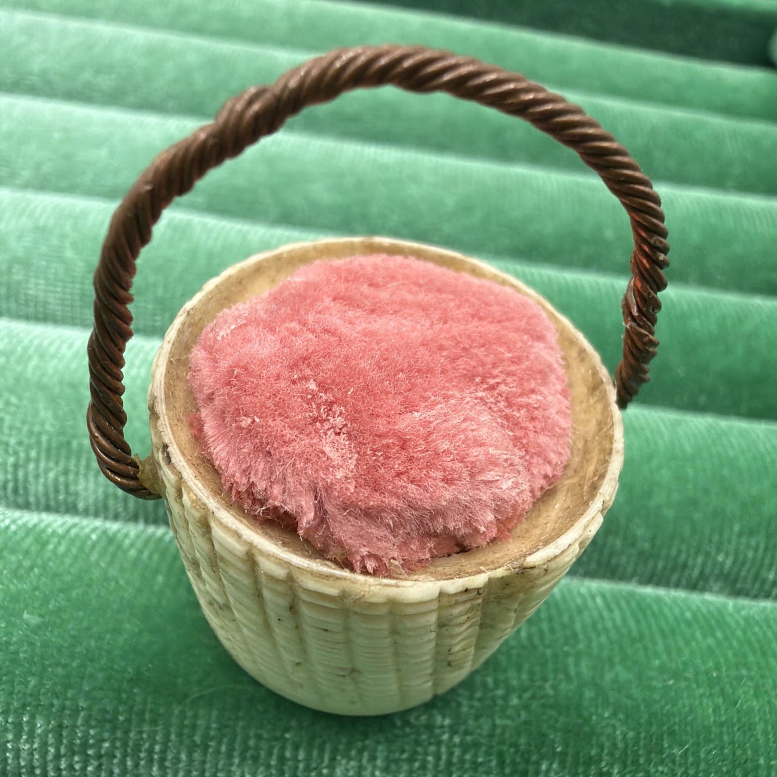 Antique German Miniature Sewing Pin Cushion Brass-Handled Carved Basket